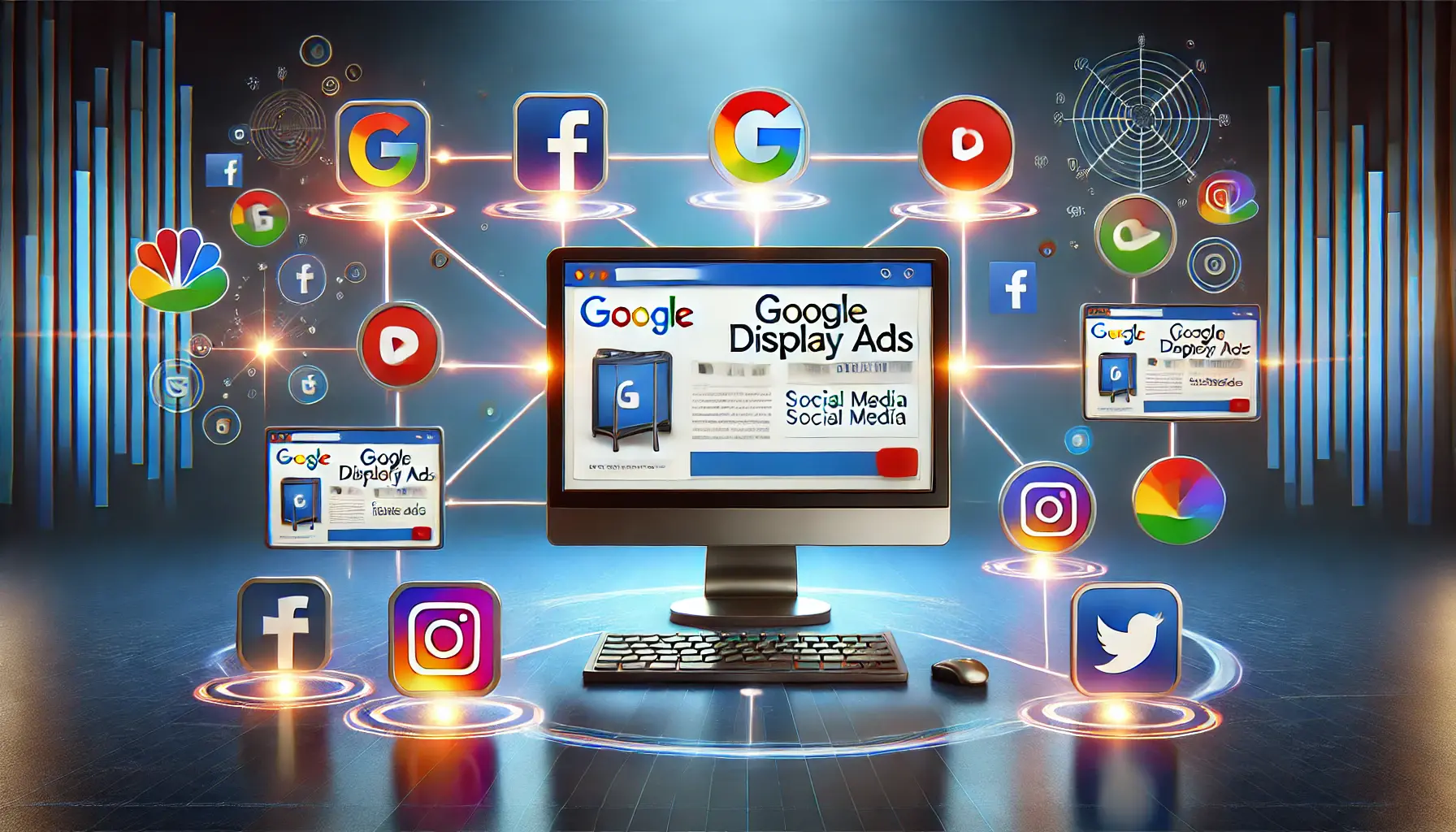 A computer screen displaying a Google Display Ad, connected by arrows to social media platforms like Facebook, Instagram, and Twitter.