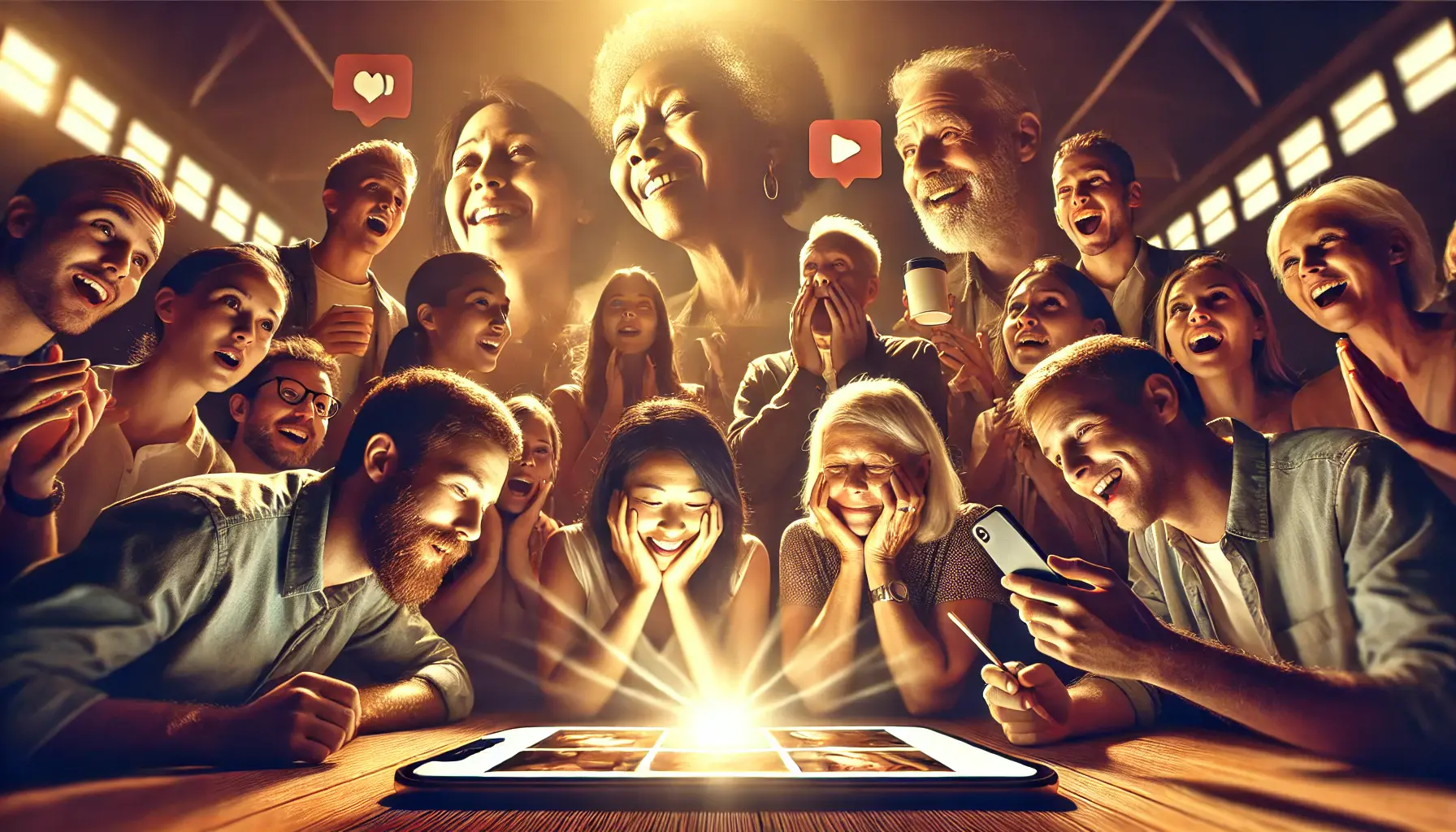 A diverse group of people emotionally engaged with an advertisement or video on a digital device, showing reactions like joy, empathy, or inspiration.