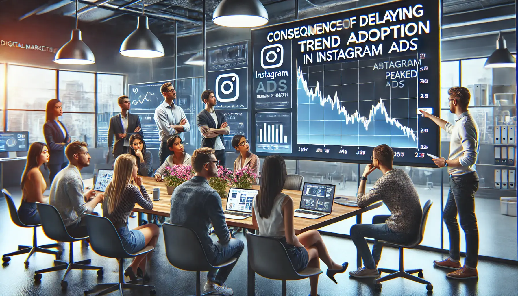 A digital marketing team discussing the consequences of delaying trend adoption, with a declining engagement graph displayed on a screen.