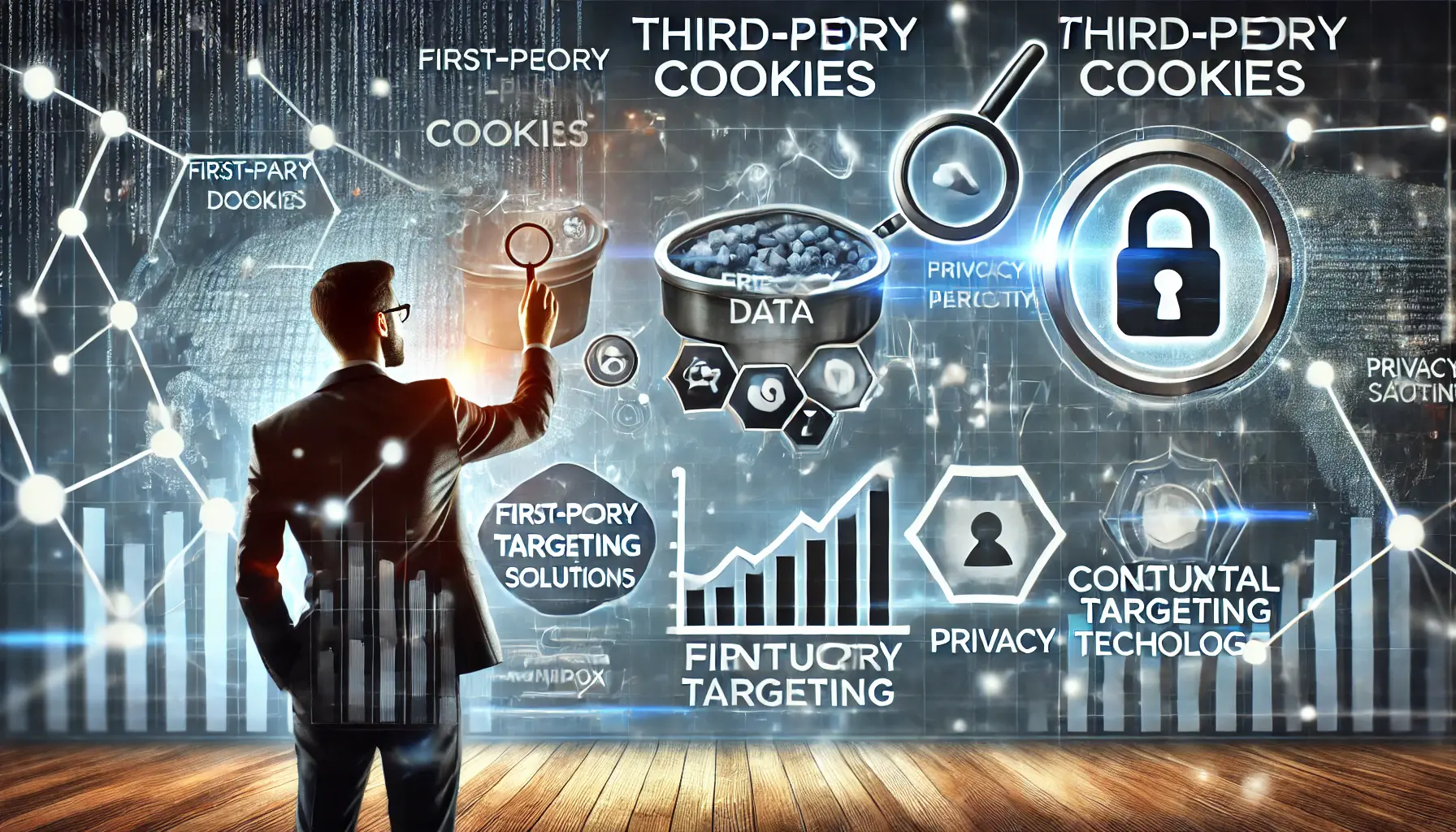 Digital artwork showing a marketer analyzing first-party data and privacy-focused tools, with interconnected nodes symbolizing innovative advertising solutions.