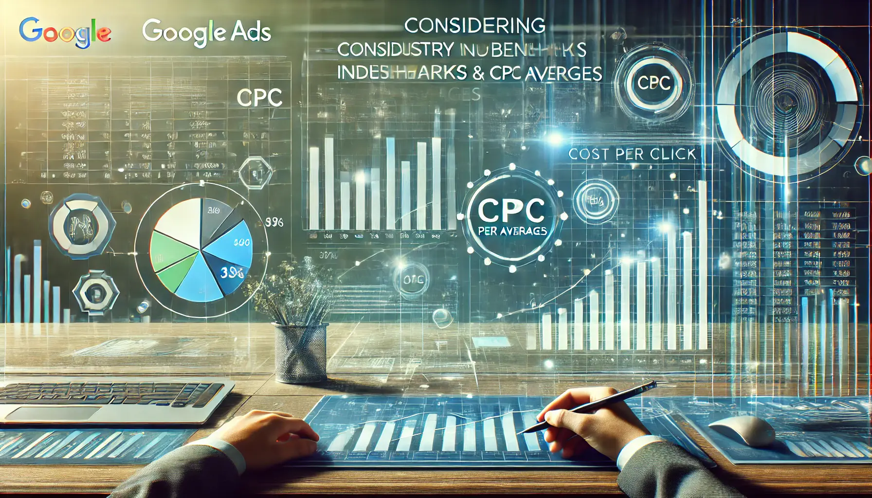 Digital workspace with bar charts and graphs comparing industry benchmarks and CPC averages for Google Ads.