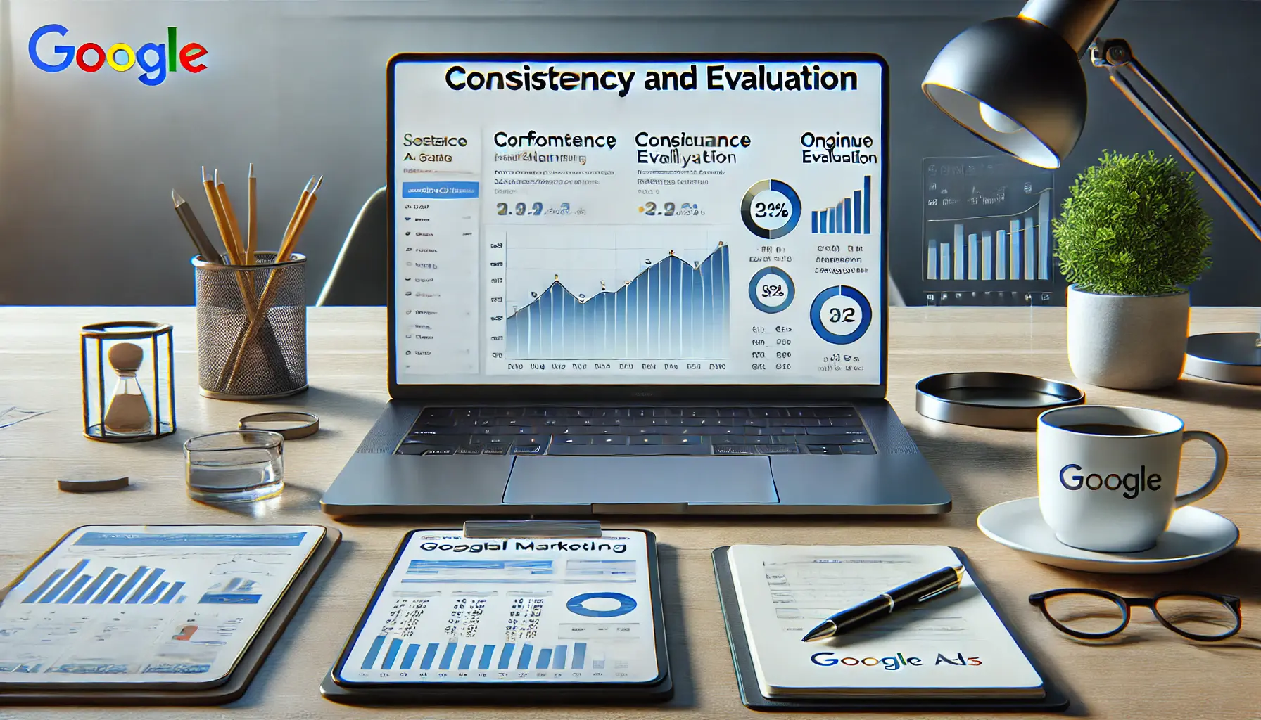 A digital marketing workspace with a laptop displaying performance data and campaign metrics for evaluation.