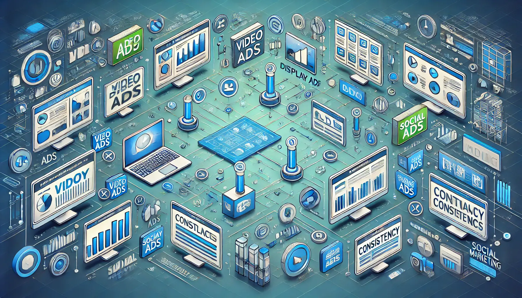 Image depicting consistency between different ad formats such as video, display, and social media ads.