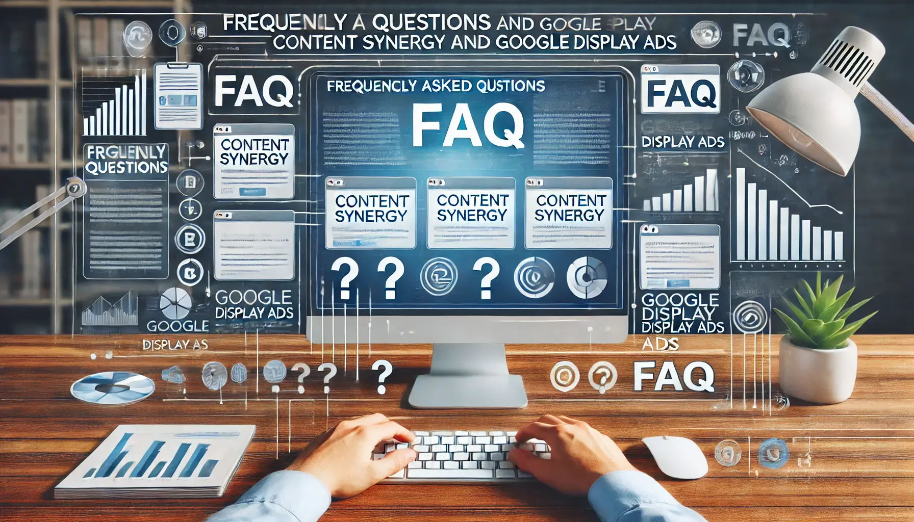 A digital workspace with multiple open tabs showing different FAQs about content synergy and Google Display Ads, surrounded by digital marketing icons.