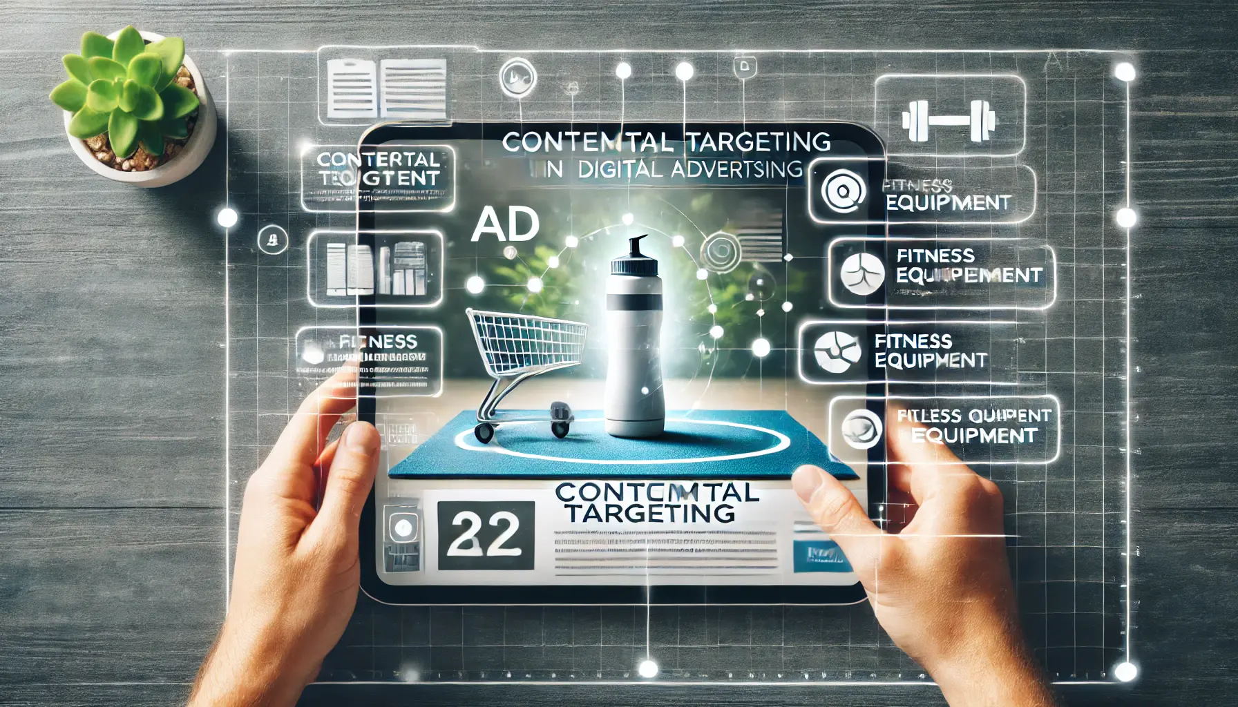 An image showing digital content with relevant ad placements naturally blending into the surrounding material, representing contextual targeting in digital advertising.