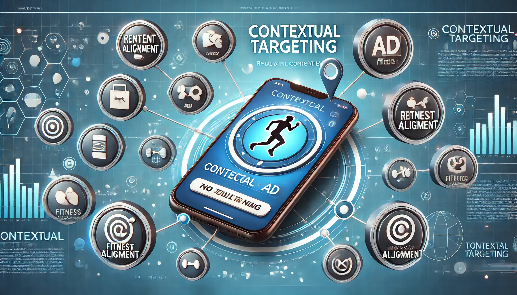 A smartphone displaying an ad integrated into relevant content, surrounded by icons symbolizing content alignment.