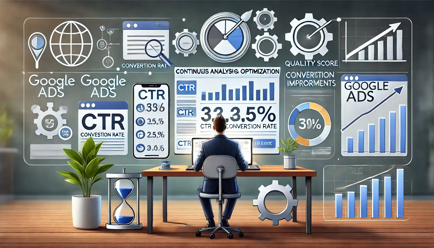 A digital marketer working on a performance dashboard with key metrics like CTR and Conversion Rate, surrounded by icons for iterative improvements.