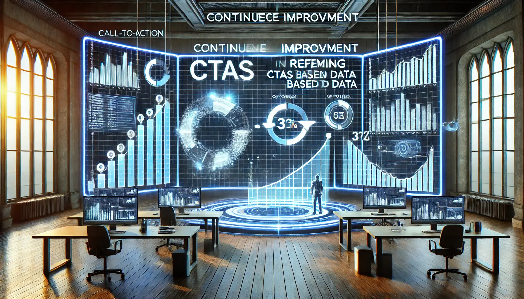 A digital workspace with a large screen displaying evolving graphs and metrics, symbolizing the continuous refinement of CTAs based on data.