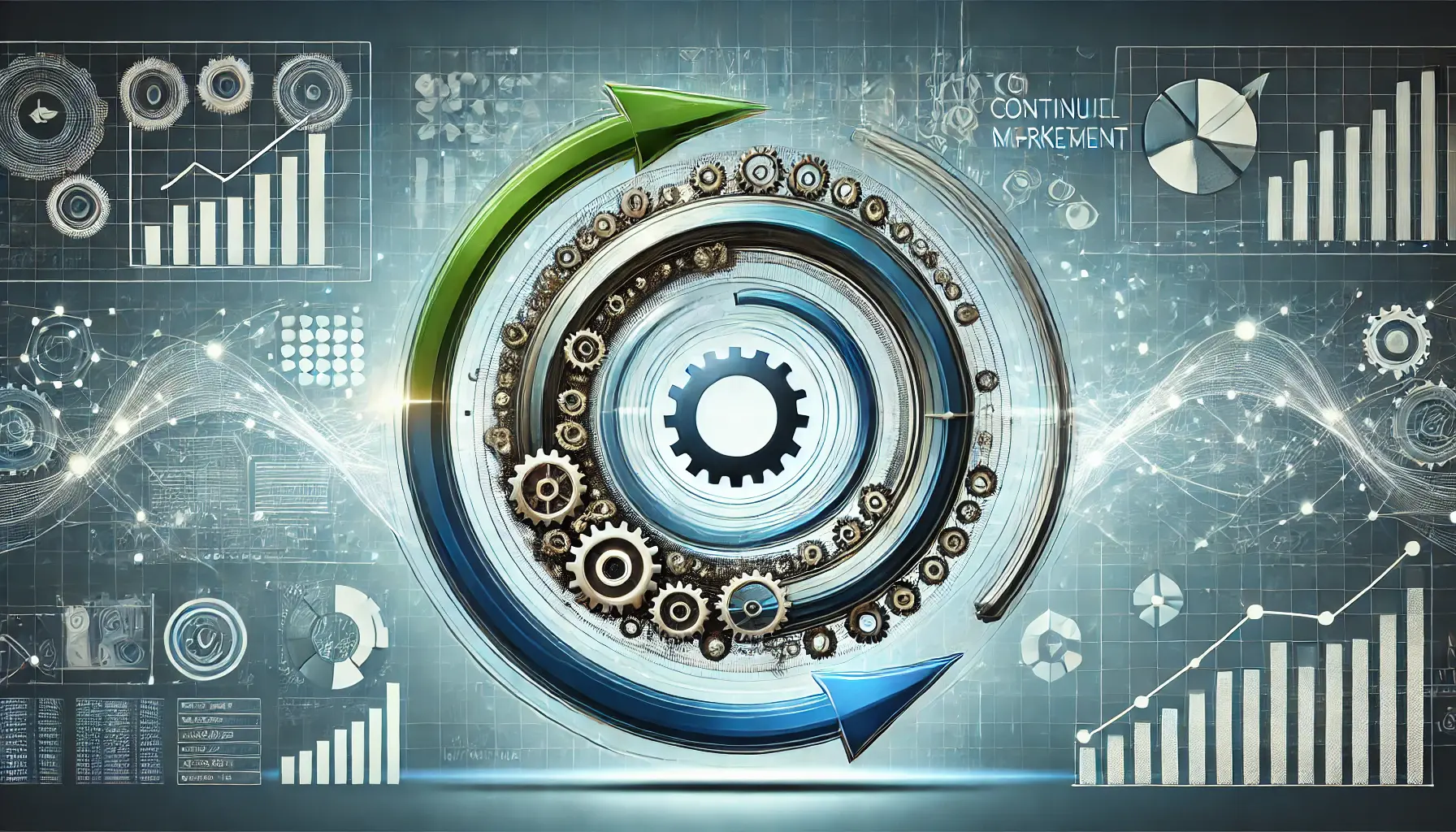 Image symbolizing continuous improvement through iteration, with circular and spiral designs, gears, and data points.