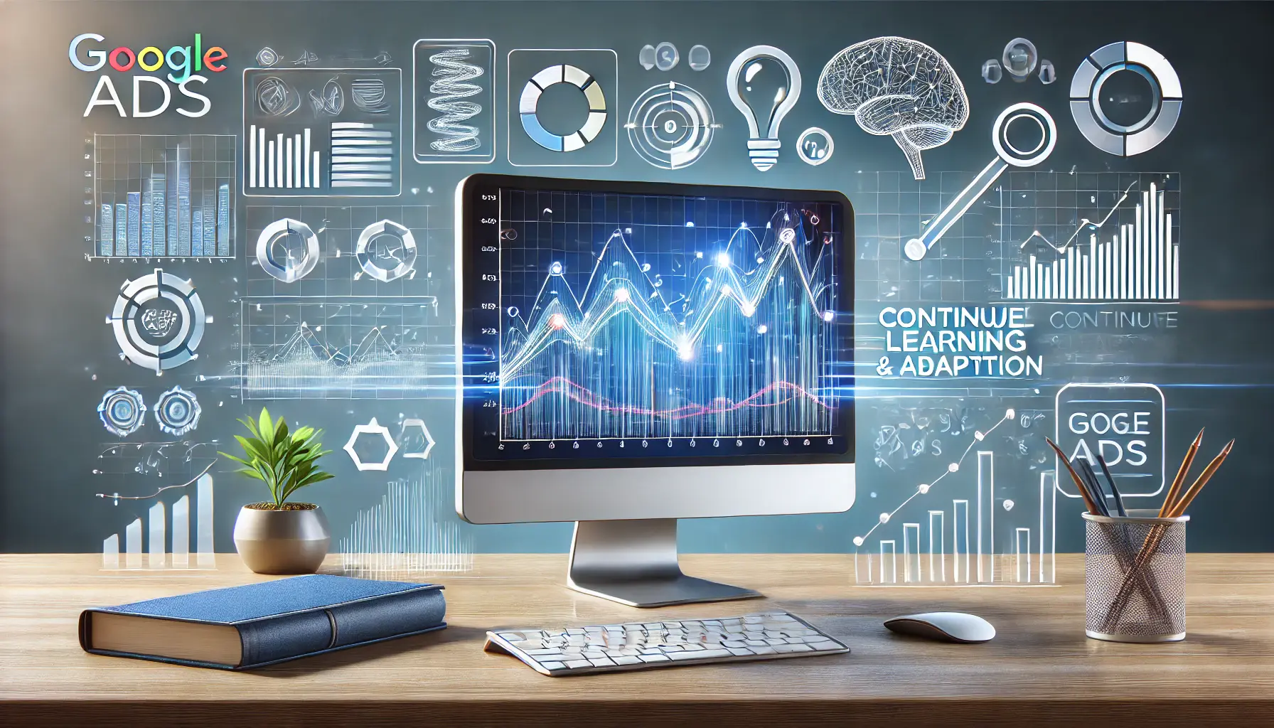 A workspace with a desktop displaying dynamic analytics dashboards showing fluctuating trends, symbolizing continuous learning and adaptation in Google Ads campaigns.