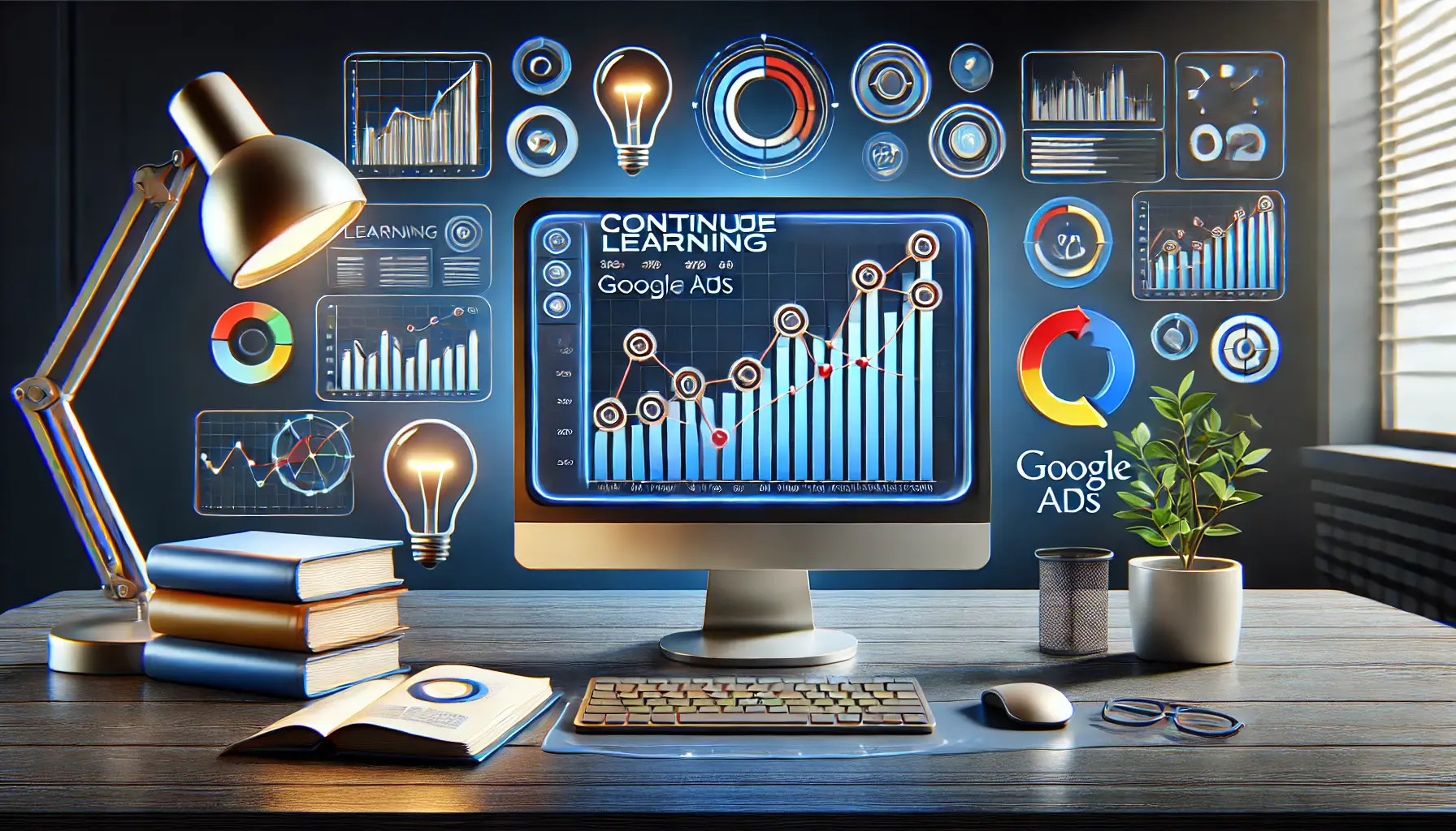 A workspace with a desktop displaying analytics dashboards showing continuous learning and metric adjustments for Google Ads campaigns.