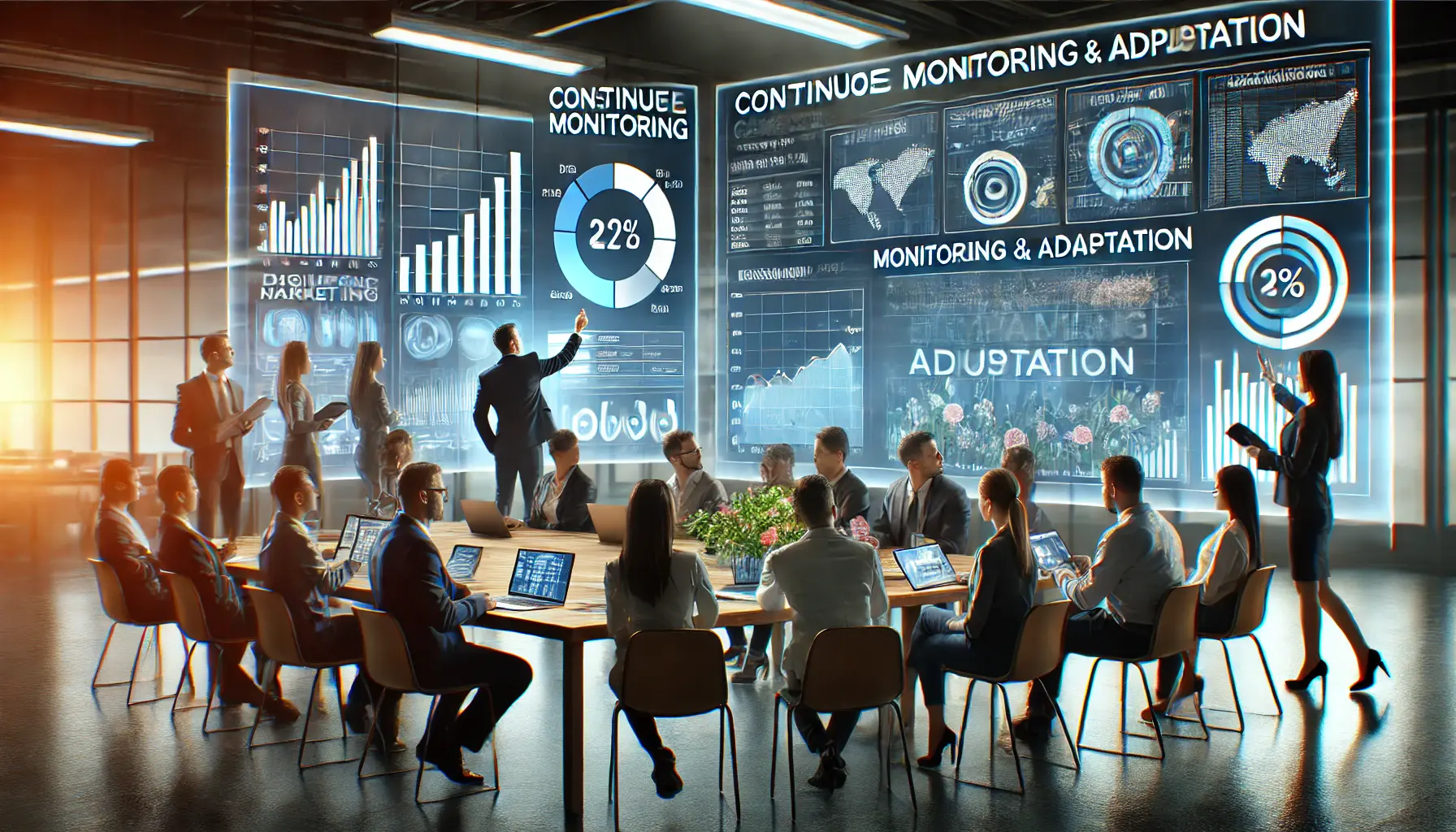 Marketers analyzing real-time campaign performance data on a digital screen in a modern workspace.