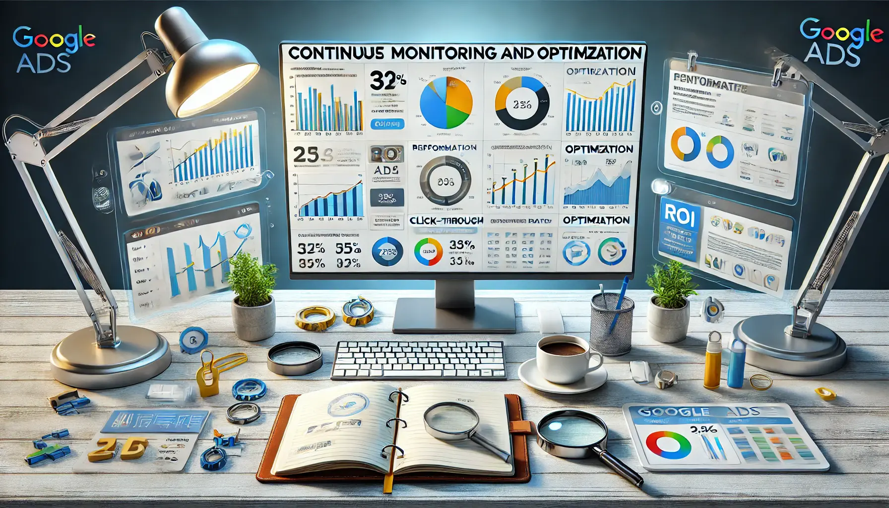 A modern workspace with dual monitors displaying performance metrics and optimization tools for Google Ads, surrounded by notes, a coffee cup, and a magnifying glass.