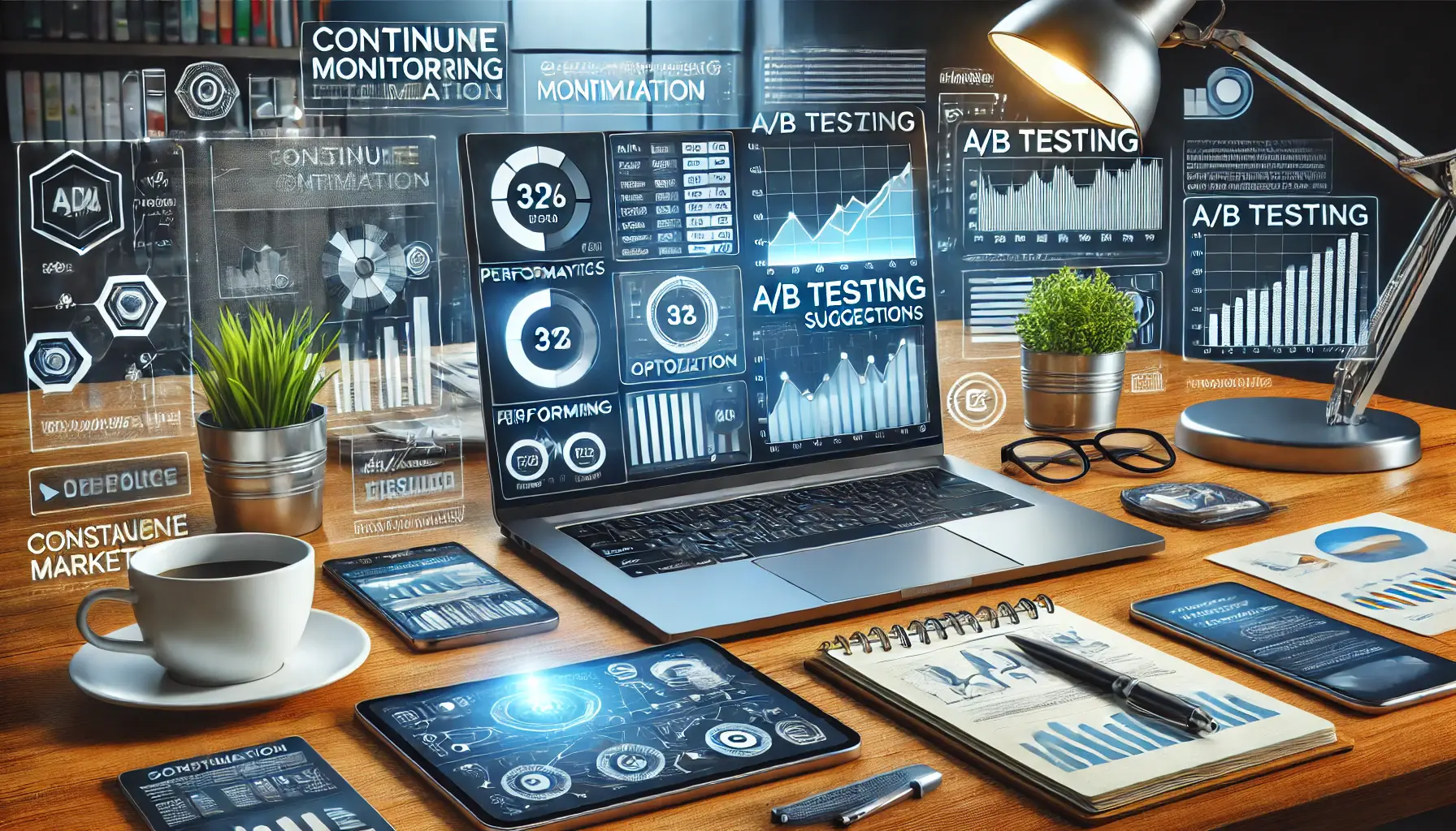 A digital marketing workspace with a laptop displaying live analytics, performance charts, and A/B testing results, surrounded by tools like a tablet and notepad.