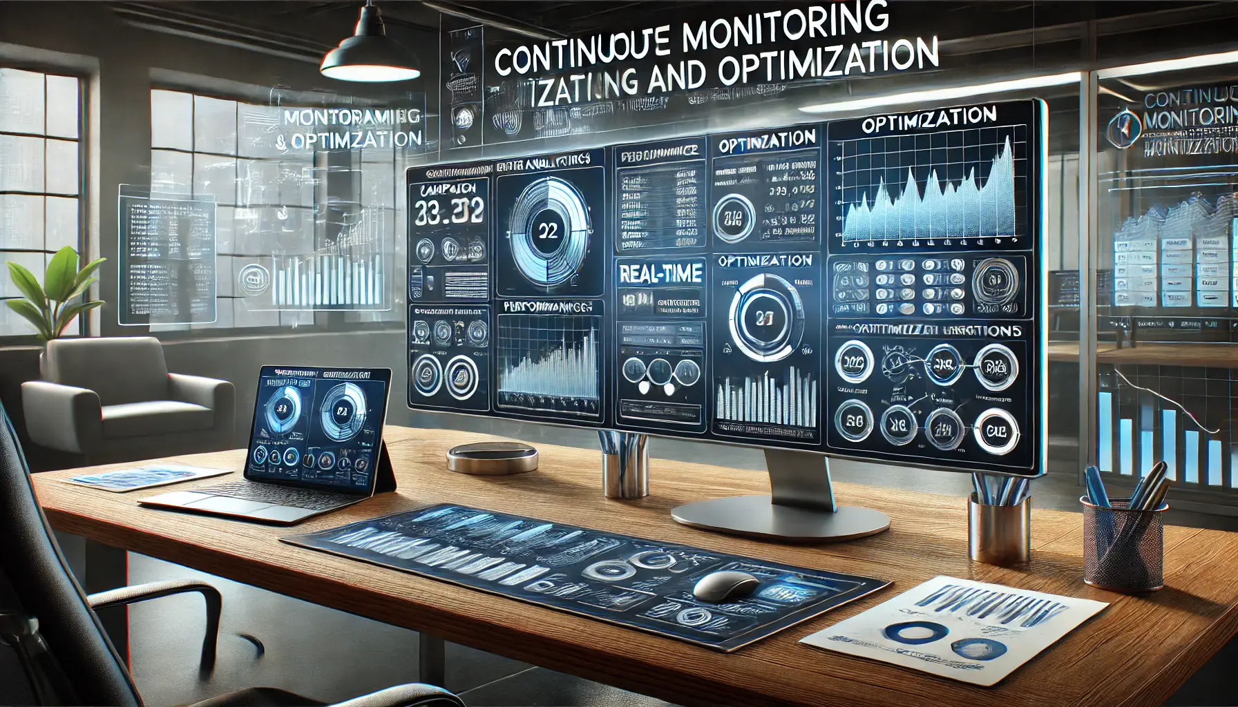 Illustration of a workspace with dual screens displaying real-time analytics and performance dashboards for campaign monitoring.