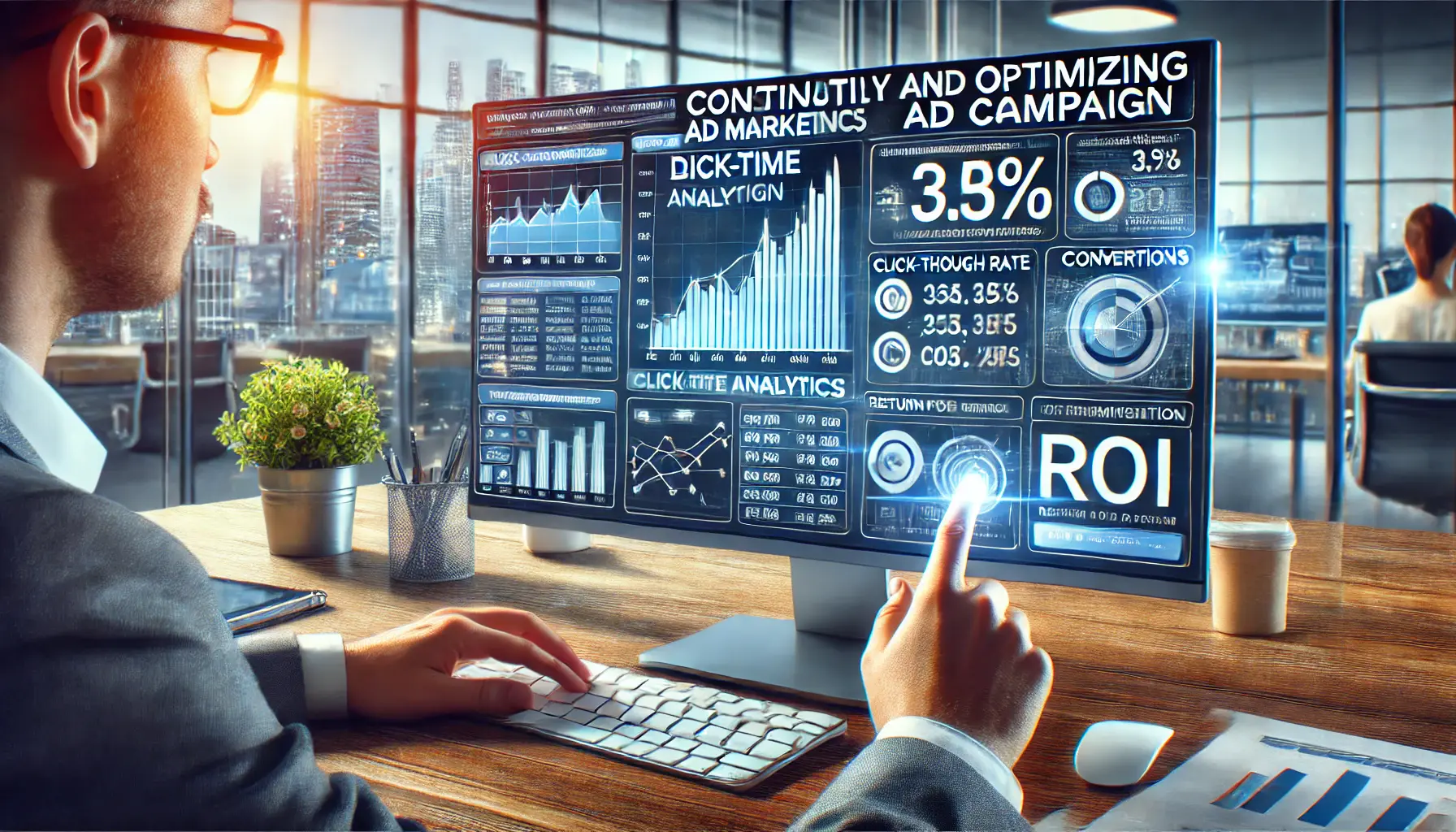 A digital marketer monitoring and optimizing ad campaign performance with real-time analytics on a computer screen, showcasing metrics like click-through rates and ROI in a modern office.