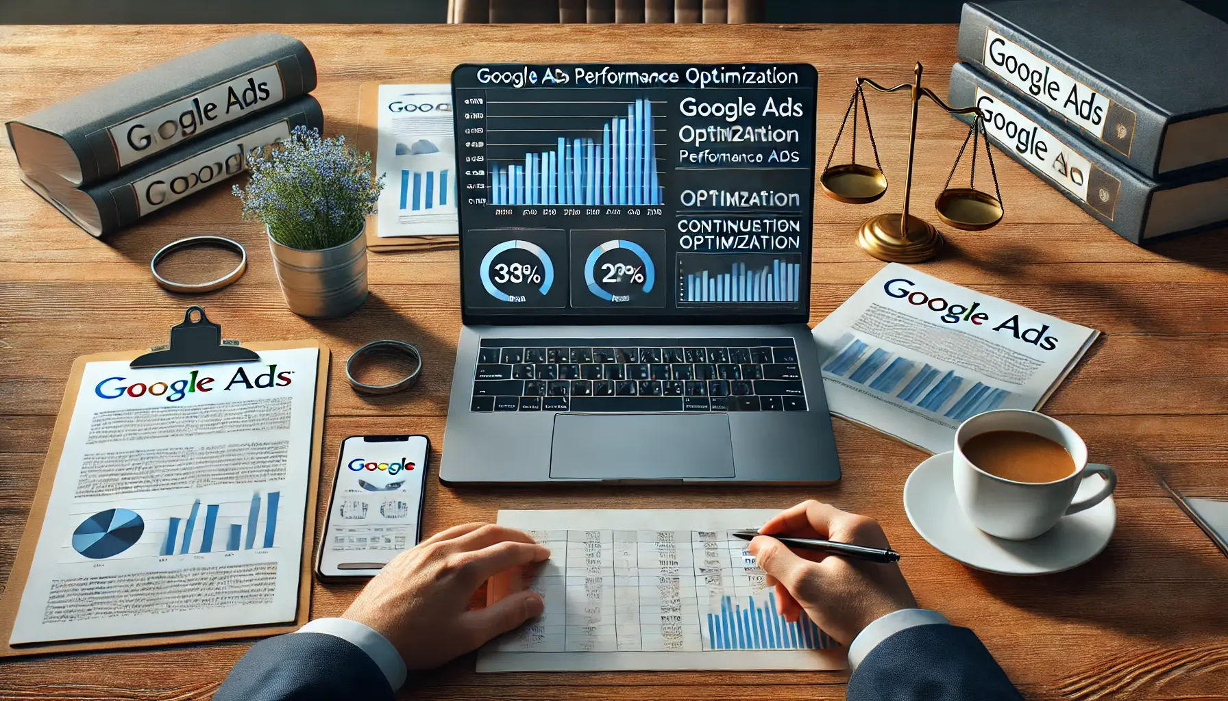 A modern office desk with a laptop displaying updated Google Ads performance metrics and optimization tools, alongside legal documents, a smartphone, and a cup of coffee, symbolizing ongoing optimization.