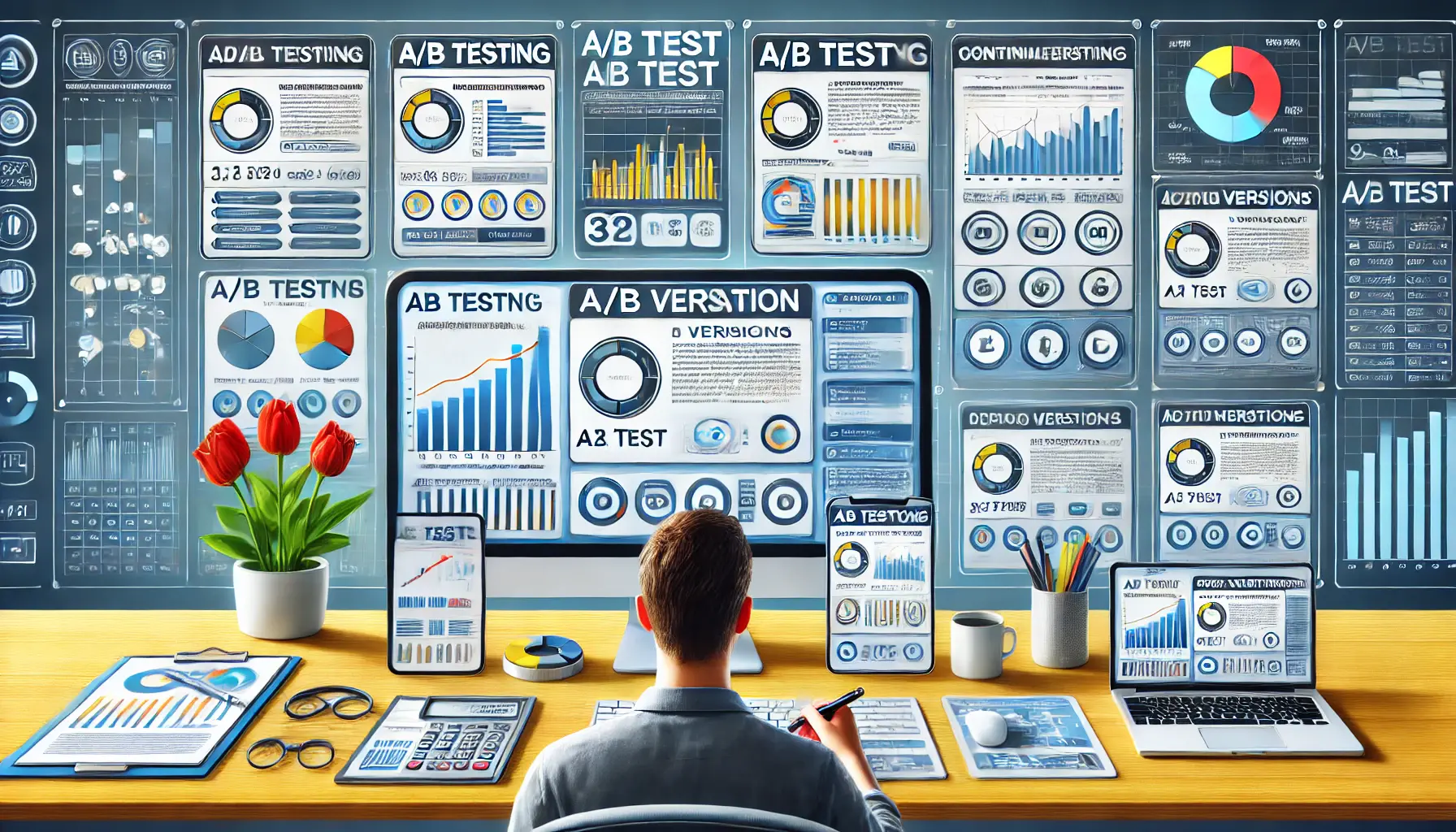 Image showing a marketer reviewing multiple ad variations on a computer screen, analyzing A/B test results and performance metrics across multiple devices.