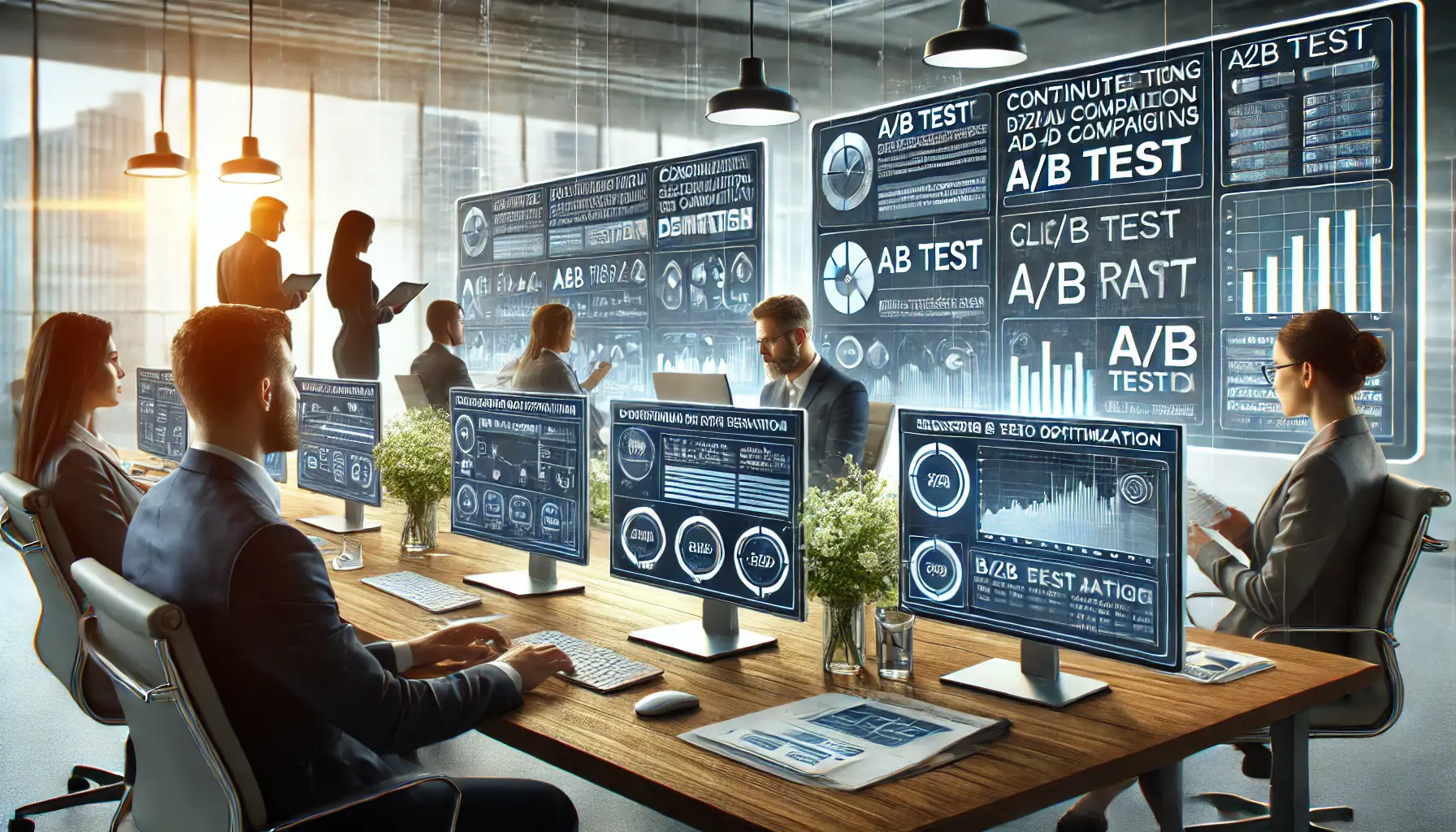 A team of marketers in a professional office setting analyzing A/B test results and performance metrics to optimize B2B display ad campaigns.