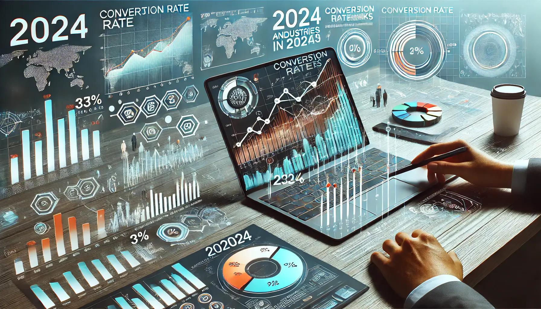 Visualization of conversion rate benchmarks with line and pie charts in a modern, professional setting.