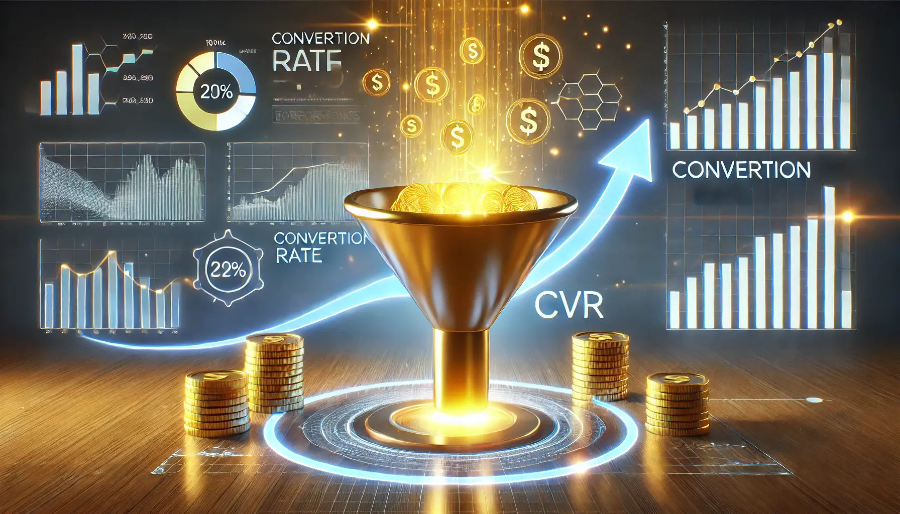 A glowing funnel where traffic flows in from the top and turns into golden coins at the bottom, surrounded by analytics charts and a performance dashboard, representing conversion rate (CVR).