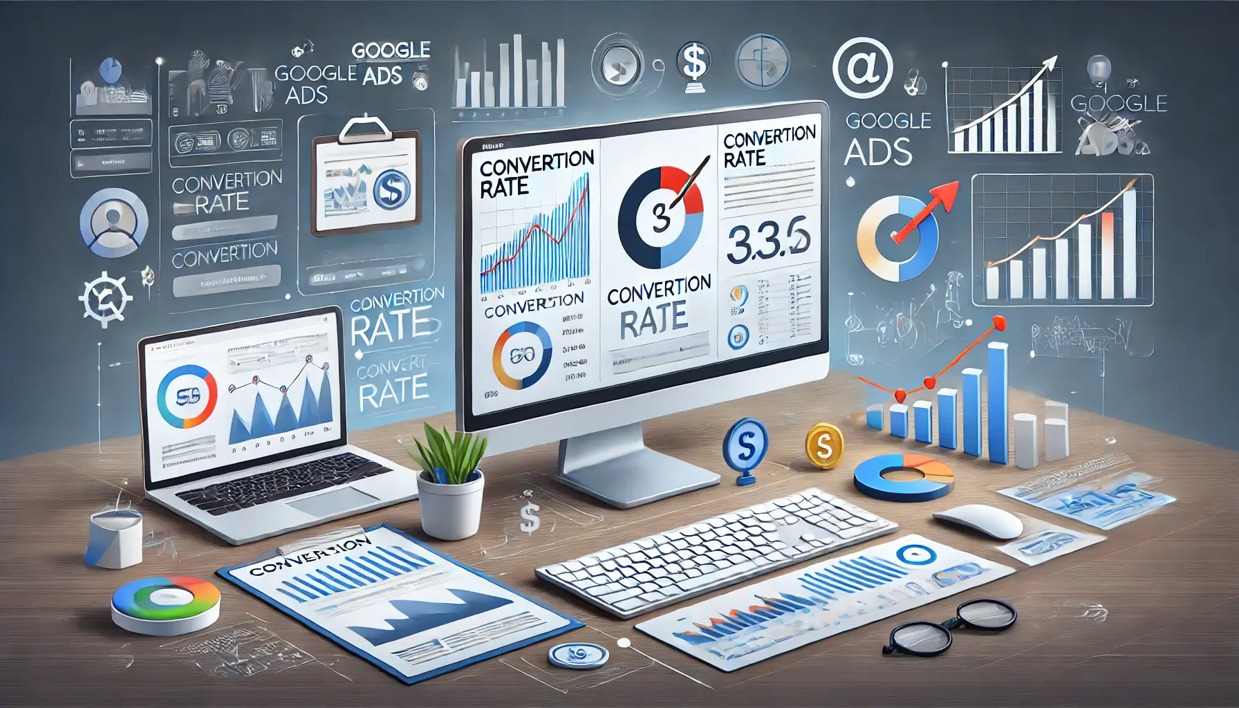 A workspace with a desktop screen displaying analytics dashboards focused on conversion metrics and goal achievement.