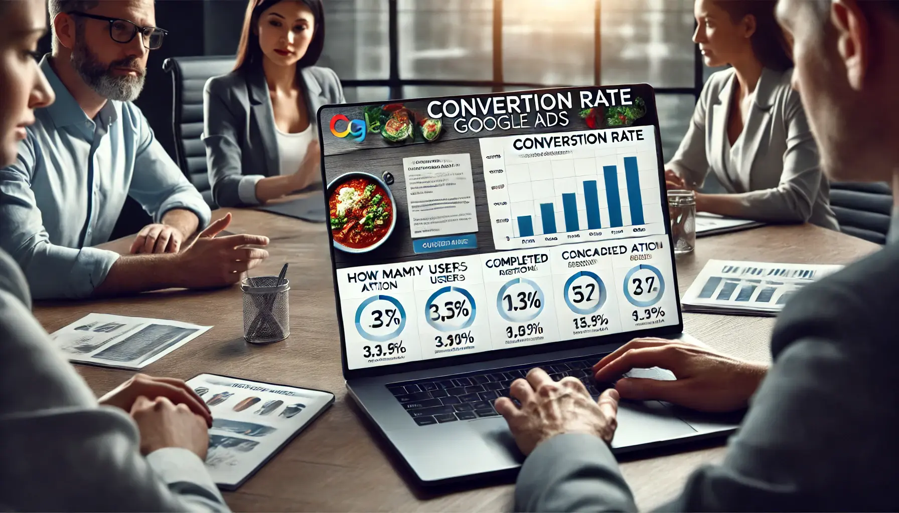 A restaurant marketing team reviewing the conversion rate data from their Google Ads campaign on a laptop.