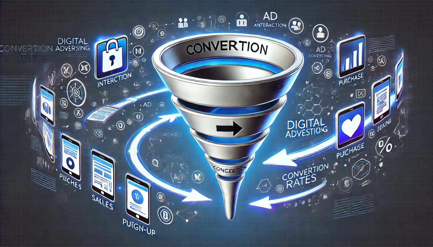 Illustration depicting a conversion funnel in digital advertising, showing stages from user interaction to successful conversion.