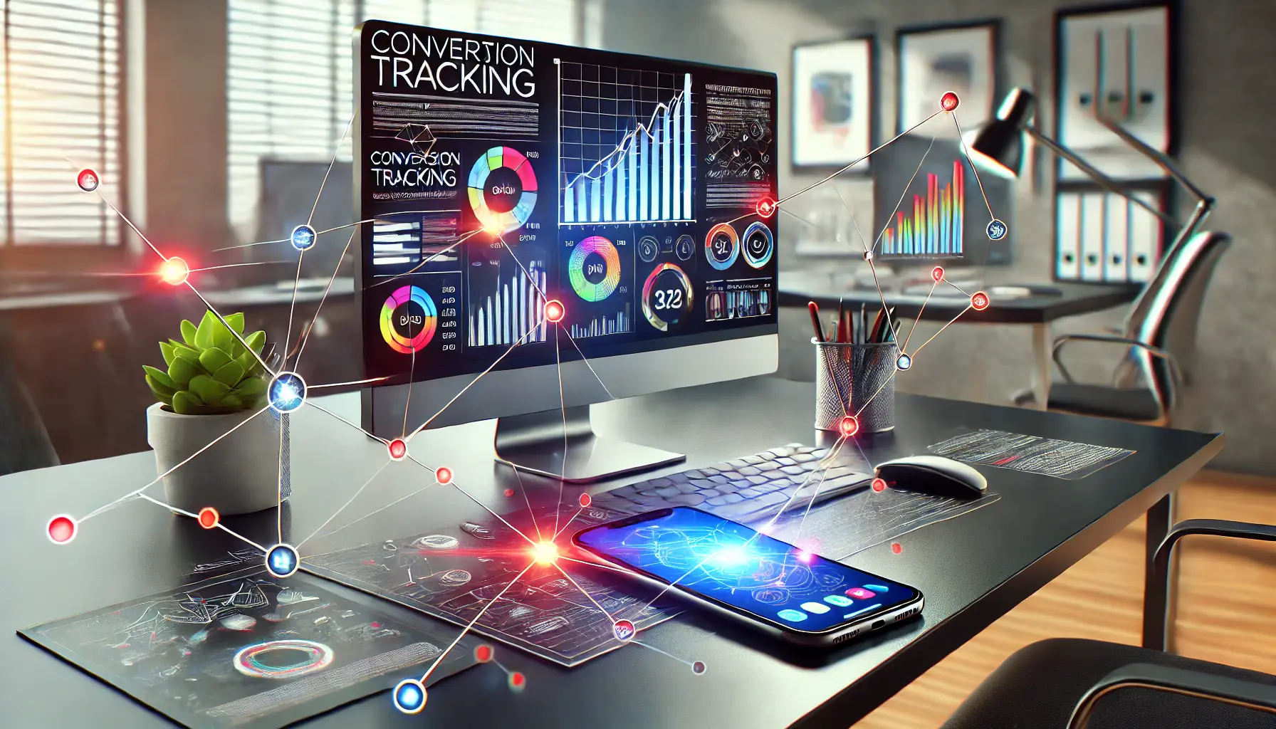 A professional depiction of conversion tracking in digital advertising featuring a workspace with analytical charts on a computer screen and a smartphone showcasing interconnected nodes, symbolizing cross-device tracking.