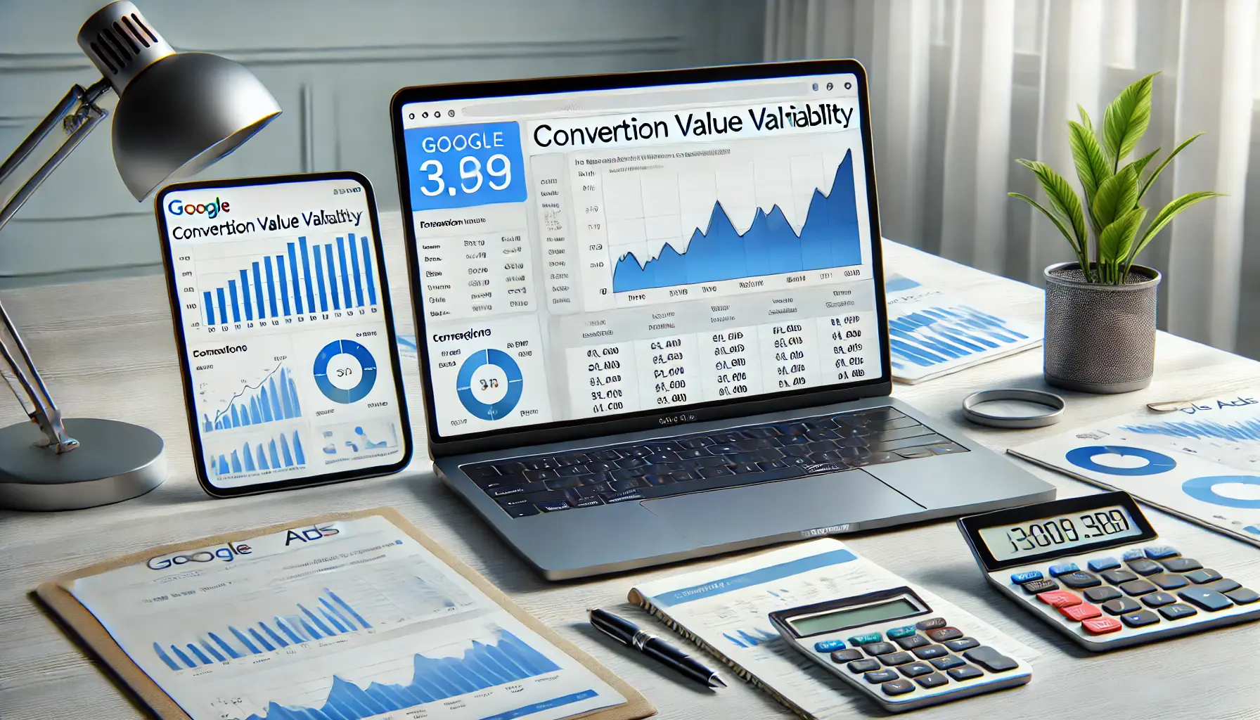 A professional digital marketing workspace showing a laptop with a Google Ads dashboard displaying fluctuating conversion values, a tablet with a breakdown of conversion data, a calculator, and a notepad.