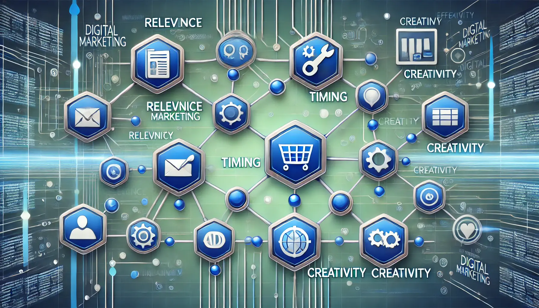 Image illustrating the core elements of an effective ad sequence with interconnected icons for relevance, timing, and creativity.