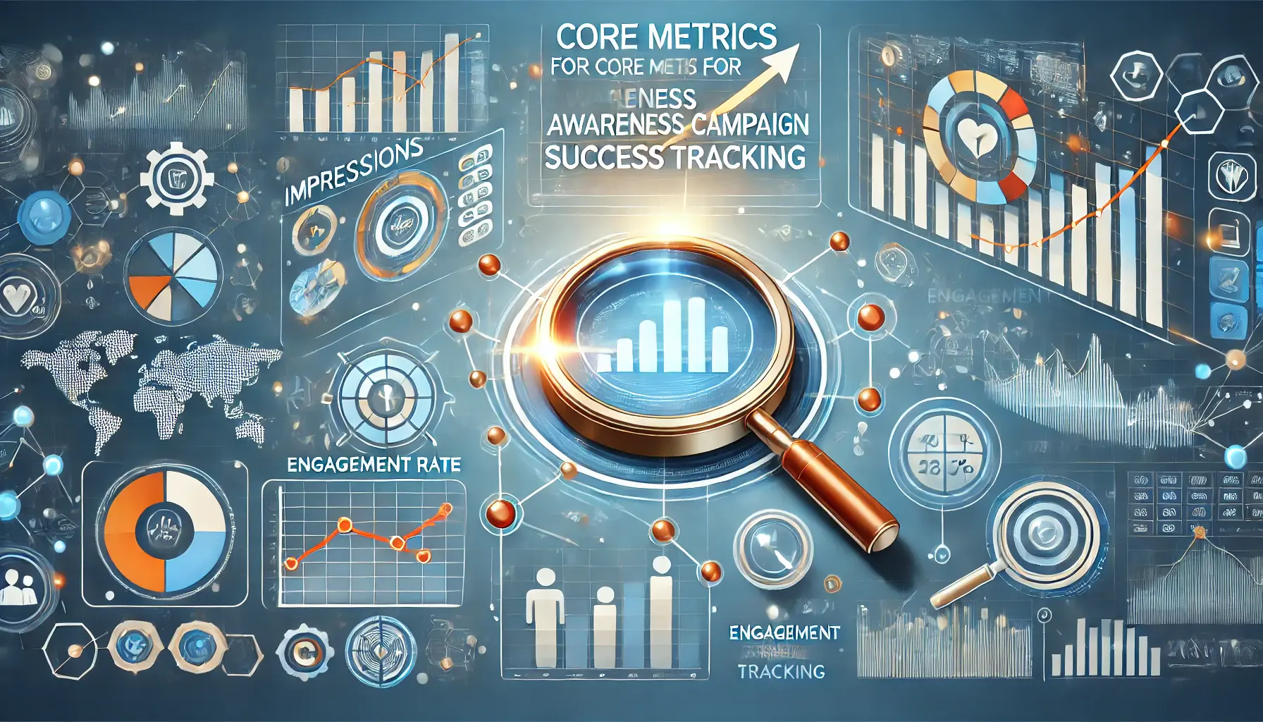 A dynamic dashboard with charts and analytics representing impressions, engagement rates, and click-through rates, surrounded by icons like a magnifying glass and a bar graph, symbolizing precise metrics tracking.