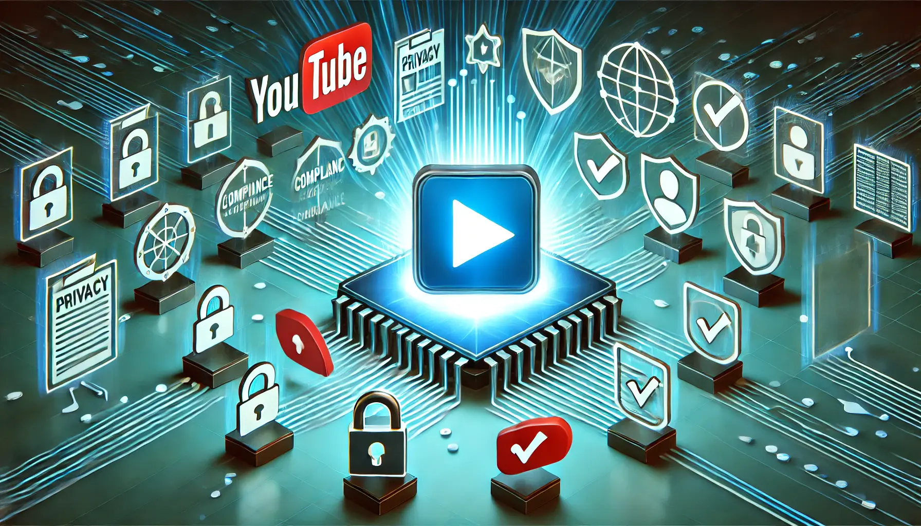 A glowing YouTube play button surrounded by privacy icons such as shields, locks, compliance checkmarks, and user profiles, with data streams radiating outward.