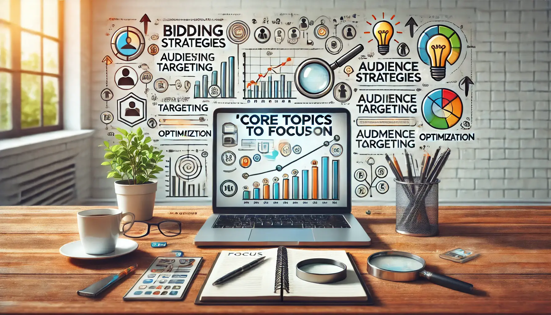 A professional workspace with a laptop displaying categorized digital marketing topics, surrounded by study tools like a checklist and magnifying glass.