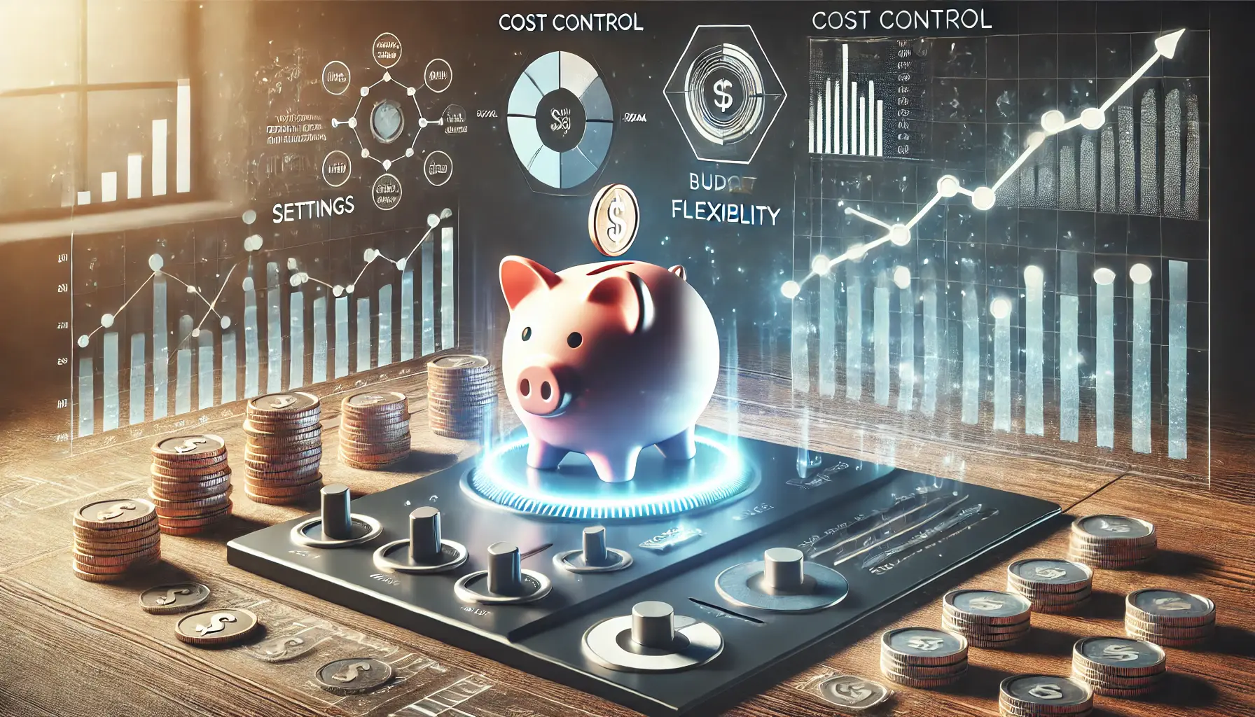 A financial dashboard with sliders, graphs, and a glowing piggy bank surrounded by coins and upward-trending graphs, symbolizing cost control and budget flexibility.