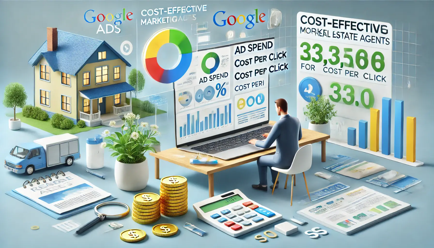 A real estate agent analyzing a digital marketing dashboard with cost metrics and property visuals in a professional workspace.