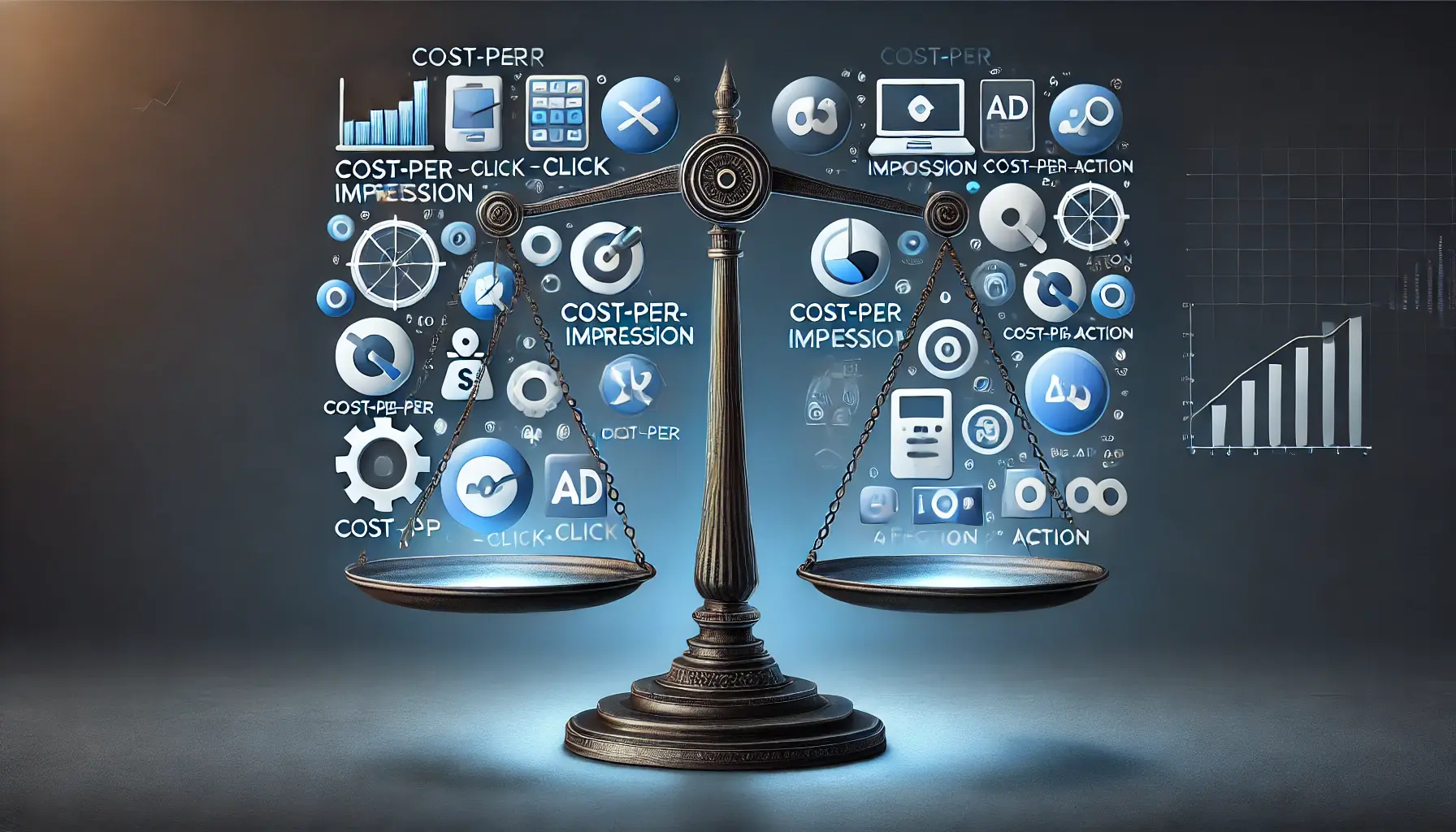 An image showing a balanced scale with different ad platforms and budget-friendly strategies, symbolizing cost-effective solutions in digital advertising.