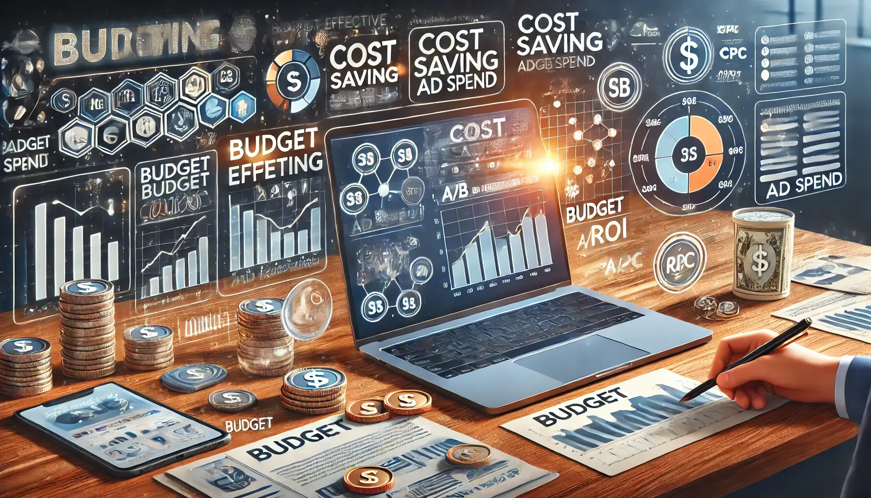 A digital illustration of a marketing workspace with a laptop displaying a dashboard showing engagement, conversion rate, and cost-per-click metrics. A marketing professional is analyzing data, with floating graphical elements like cost-saving icons, performance charts, and budget sliders indicating financial adjustments.