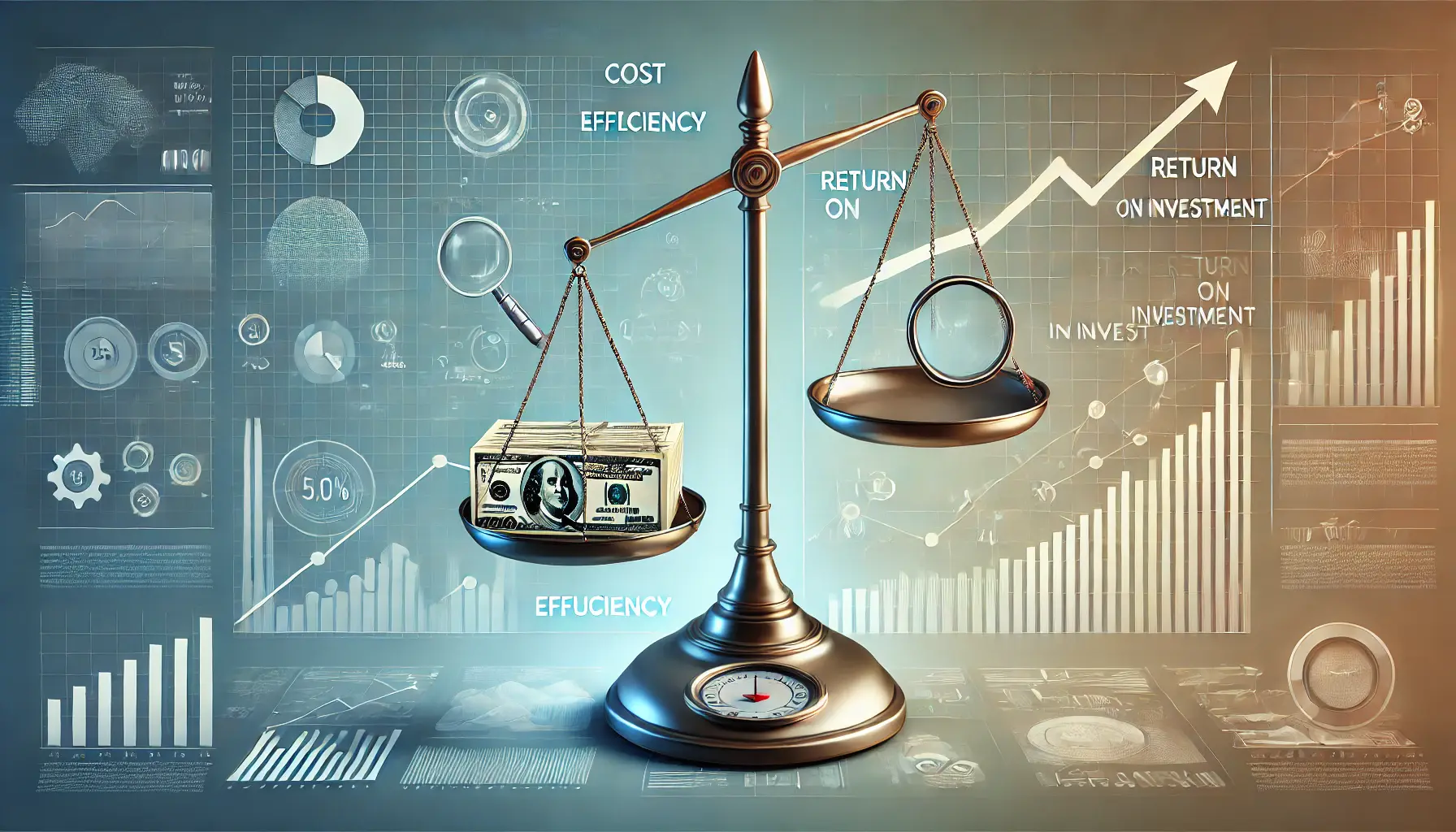 Illustration of a balance scale depicting cost efficiency and return on investment with financial and analytical symbols.