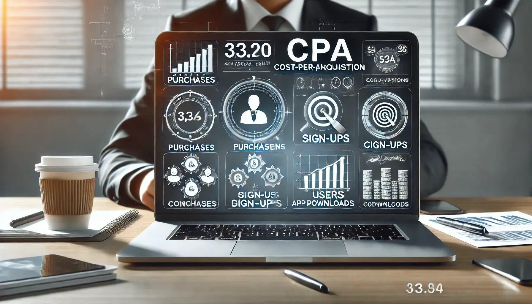 A laptop screen displaying a CPA dashboard with completed actions like purchases, sign-ups, and app downloads, with graphs and conversion tracking elements.