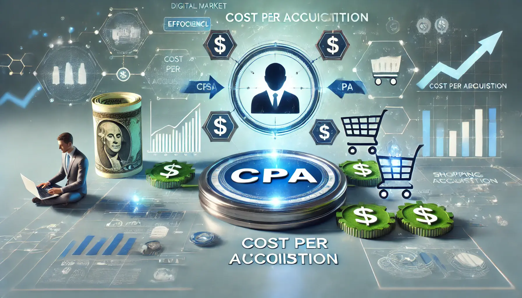 A digital marketing scene showing a dollar sign representing cost, and an icon of a shopping cart or user symbolizing acquisition, with arrows connecting them.