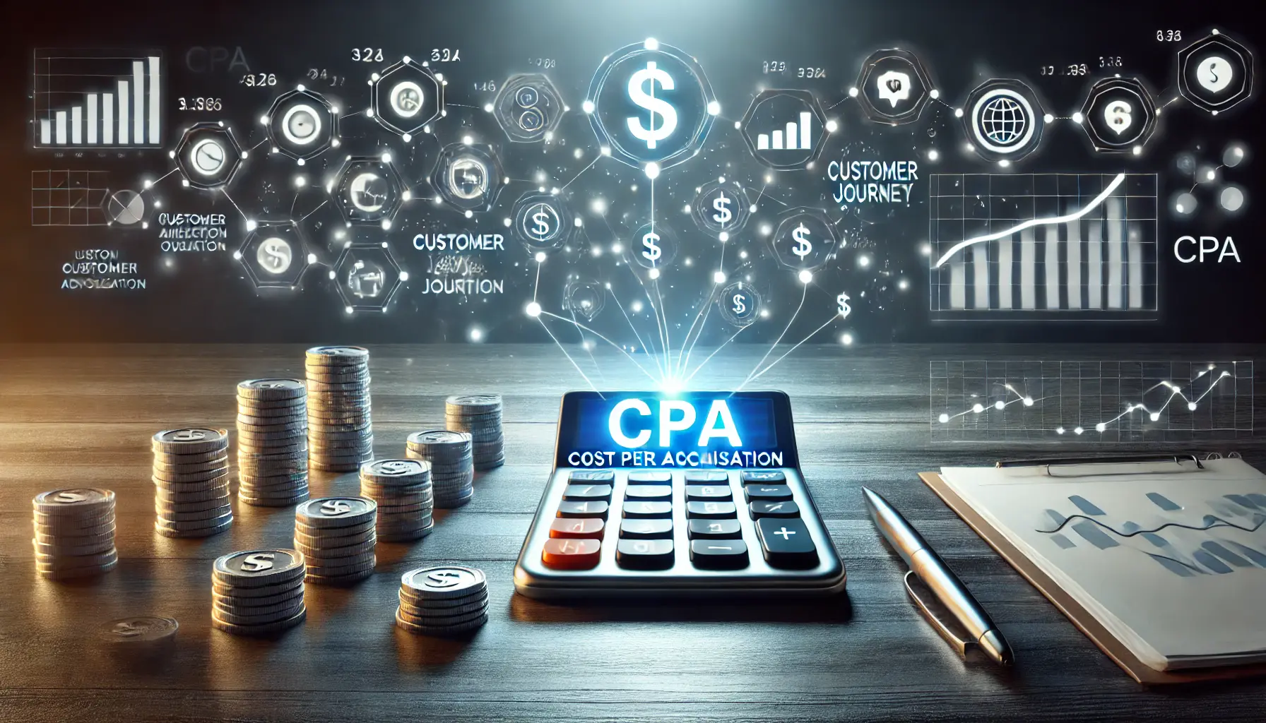 A glowing calculator on a modern desk with data streams leading to a dollar sign, surrounded by analytics icons, coins, and a performance chart representing Cost Per Acquisition (CPA).