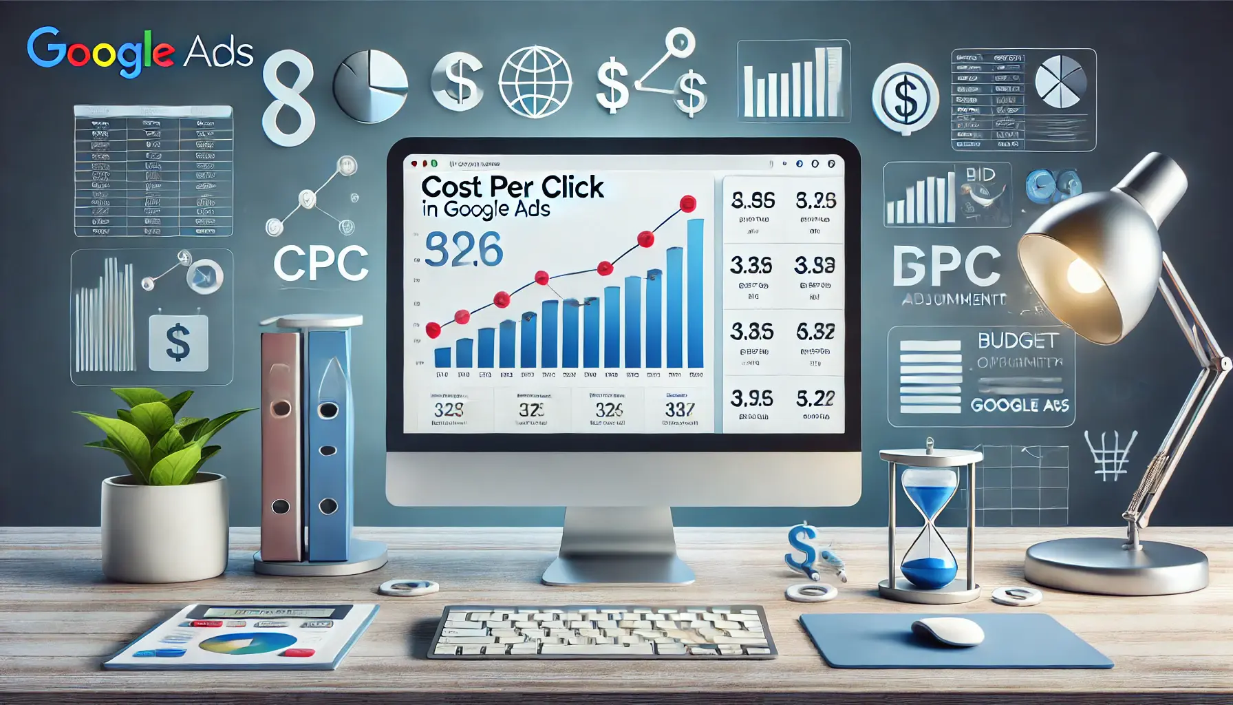 A workspace with a desktop screen displaying analytics dashboards focused on Cost Per Click data and optimization strategies.