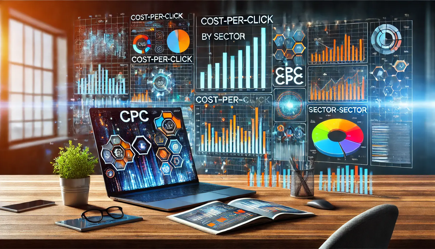 Visualization of cost-per-click variations with sector-specific bar charts and analytics in a modern workspace setting.