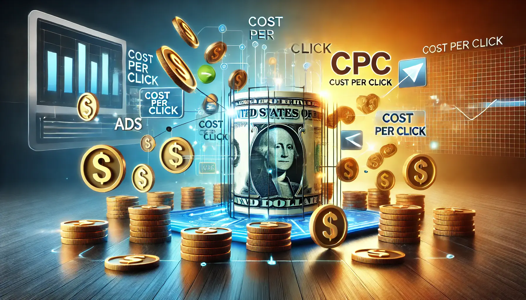 Illustration of coins and dollar signs flowing into a bidding system, representing the concept of Cost Per Click (CPC) in digital advertising.