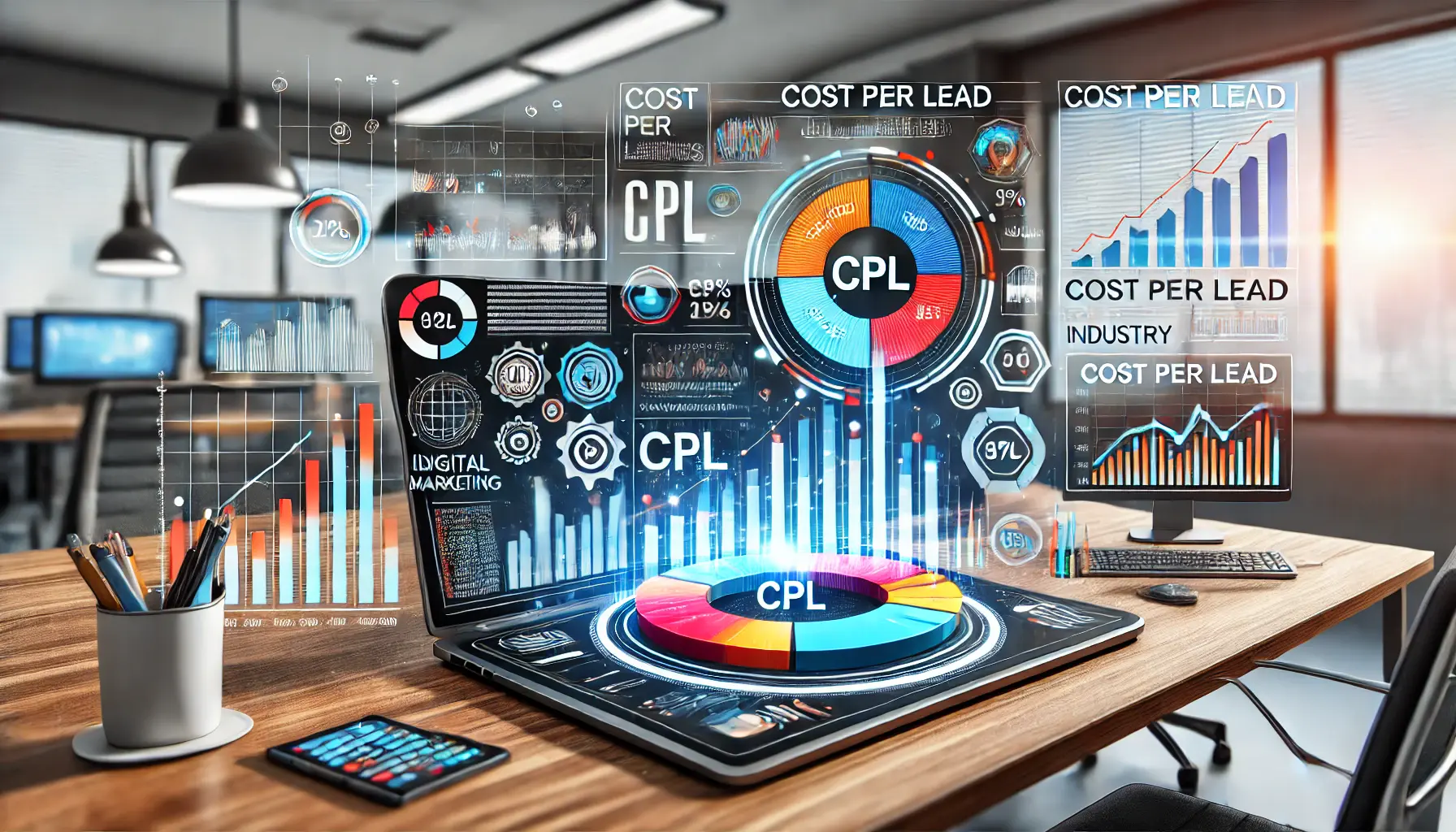 Visualization of Cost Per Lead (CPL) data with bar and pie charts in a professional workspace setting.