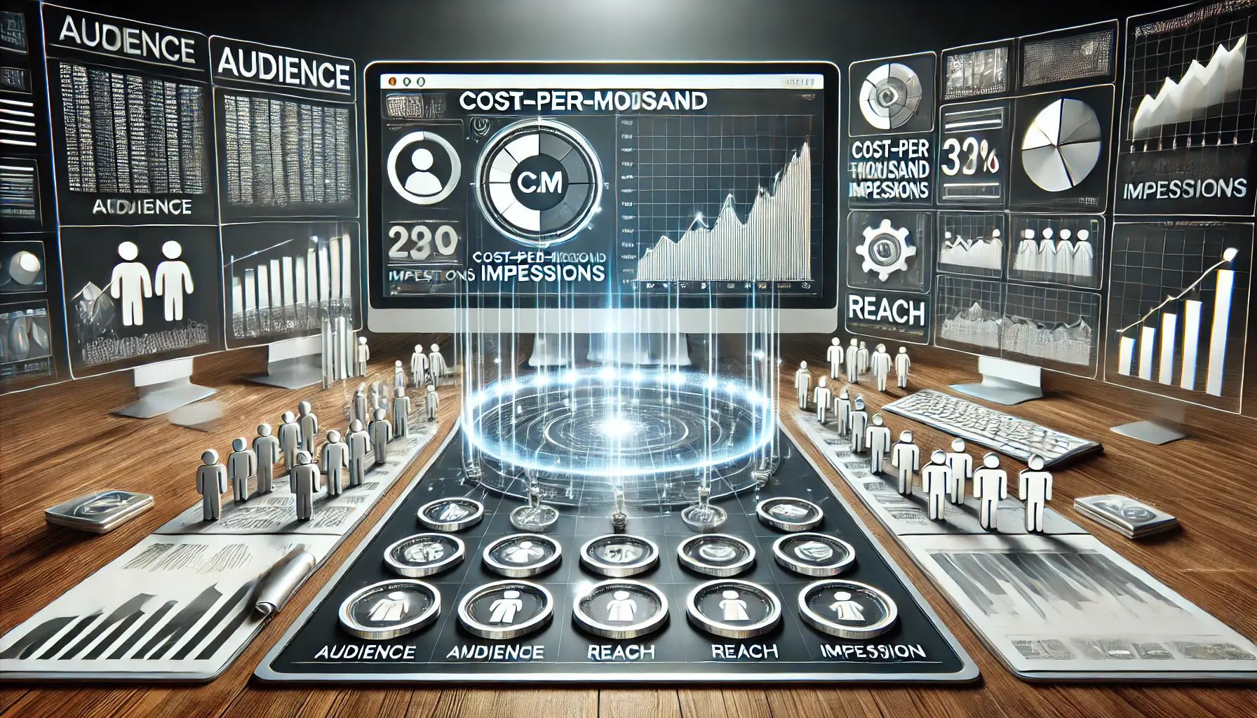 A digital marketing dashboard showing ad impressions tracked over time, with graphical data and audience icons surrounding the scene.