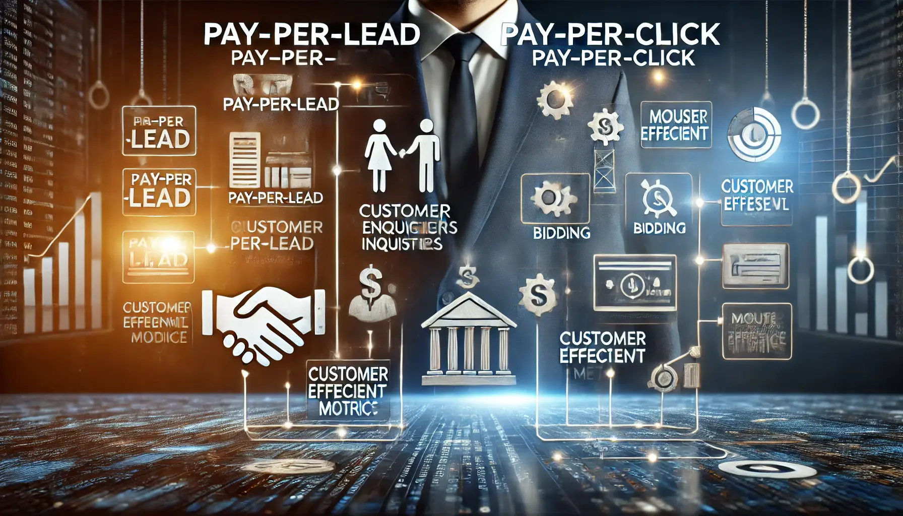 A digital illustration comparing pay-per-lead and pay-per-click cost structures with relevant icons and themes.