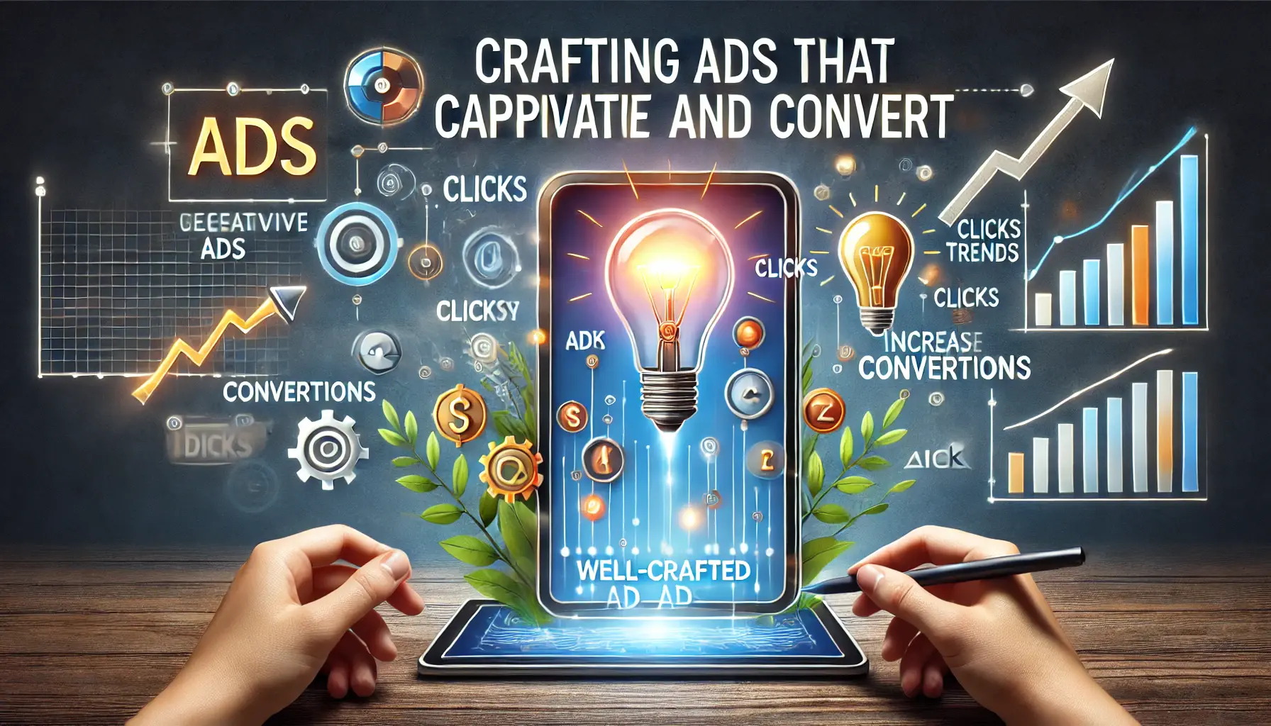 An illustration of crafting ads that captivate and convert, featuring a digital screen with an engaging ad, symbols of creativity like lightbulbs, and actions like clicks and conversions.