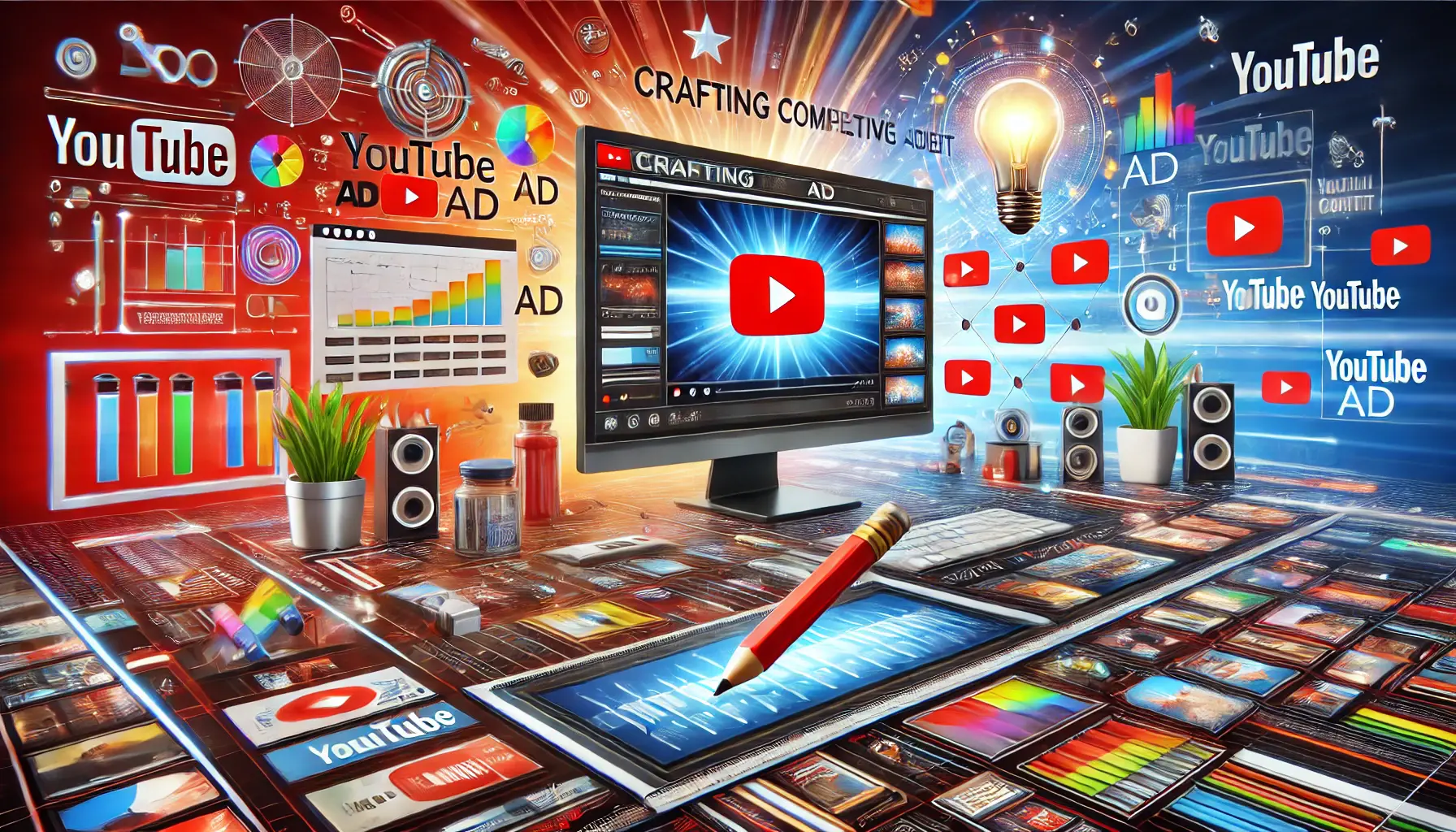 An illustration of a digital workspace showing a YouTube ad being edited, with high-quality images, video clips, and a light bulb symbolizing creative ideas.